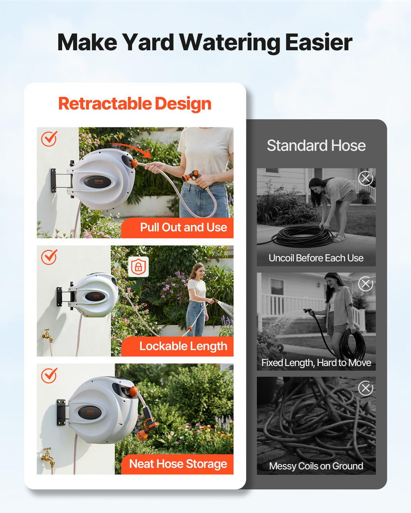 VEVOR Retractable Hose Reel, 115 ft x 1/2 inch, 180° Swivel Bracket Wall-Mounted, Garden Water Hose Reel with 9-Pattern Nozzle, Automatic Rewind, Lock at Any Length, and Slow Return System 🍁 All In One Marketplace Canada