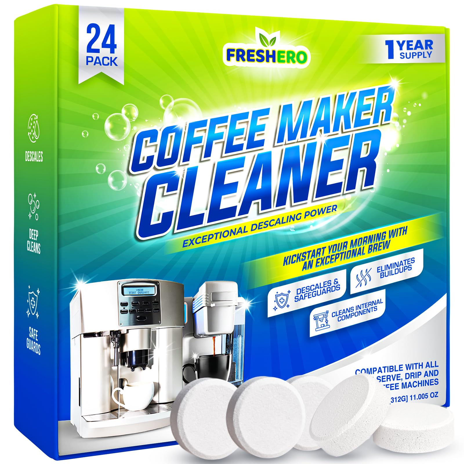 Freshero Coffee Machine Cleaner & Descaler Tablets – 24 Count, Compatible With Keurig, Breville, Ninja, Delonghi, Miele & Espresso Machines, Universal Cleaning Tabs for Coffee Maker Pots (24.0) 🍁 All In One Marketplace Canada