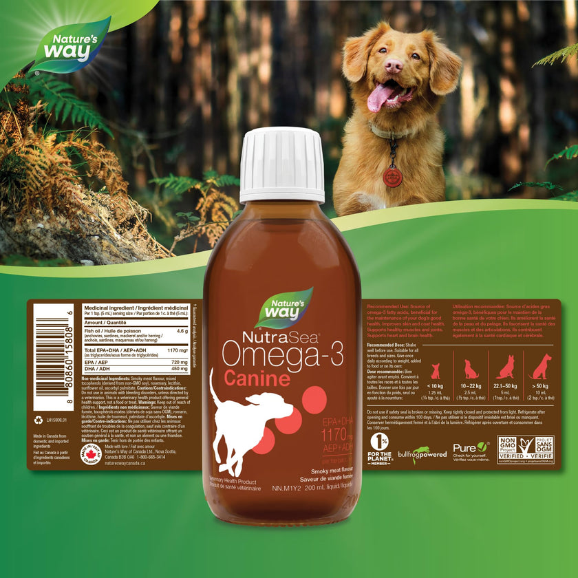 Nature’s Way NutraSea Omega-3 Canine Supplement for Dogs – Helps Support Dogs’ Skin, Coat, Muscles, Joints, Heart & Brain – 1170 mg of EPA + DHA – Smoky Meat Flavour, 200 mL 🍁 All In One Marketplace Canada