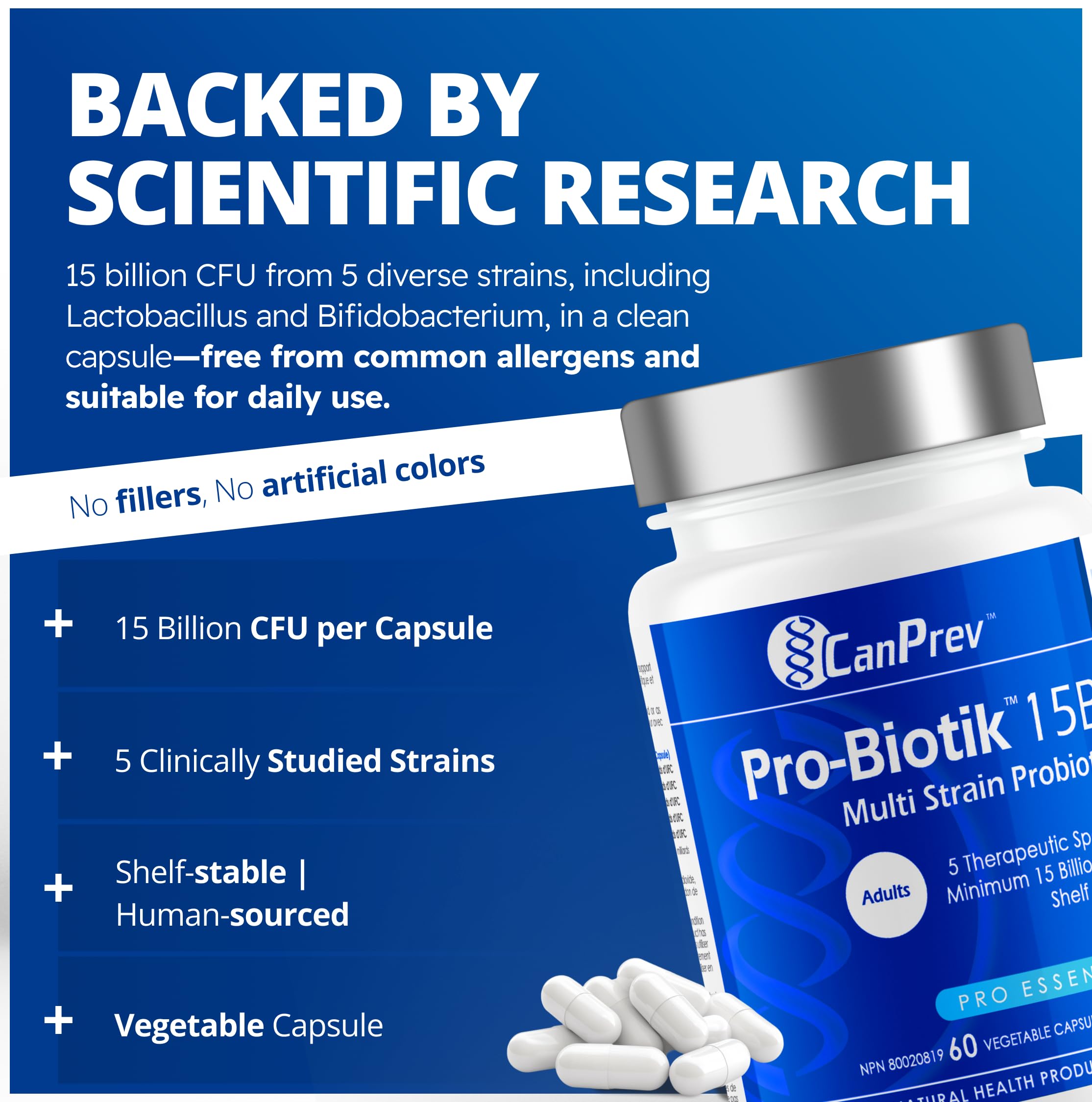 CanPrev Pro-Biotik 15 Billion CFU, 60 V-Caps 60-Day Supply - Non-GMO & Gluten-Free - Advanced Gut Health Formula with 5 Probiotic Strains Supplement - Supports Digestive Balance and Eases Bloating 🍁 All In One Marketplace Canada