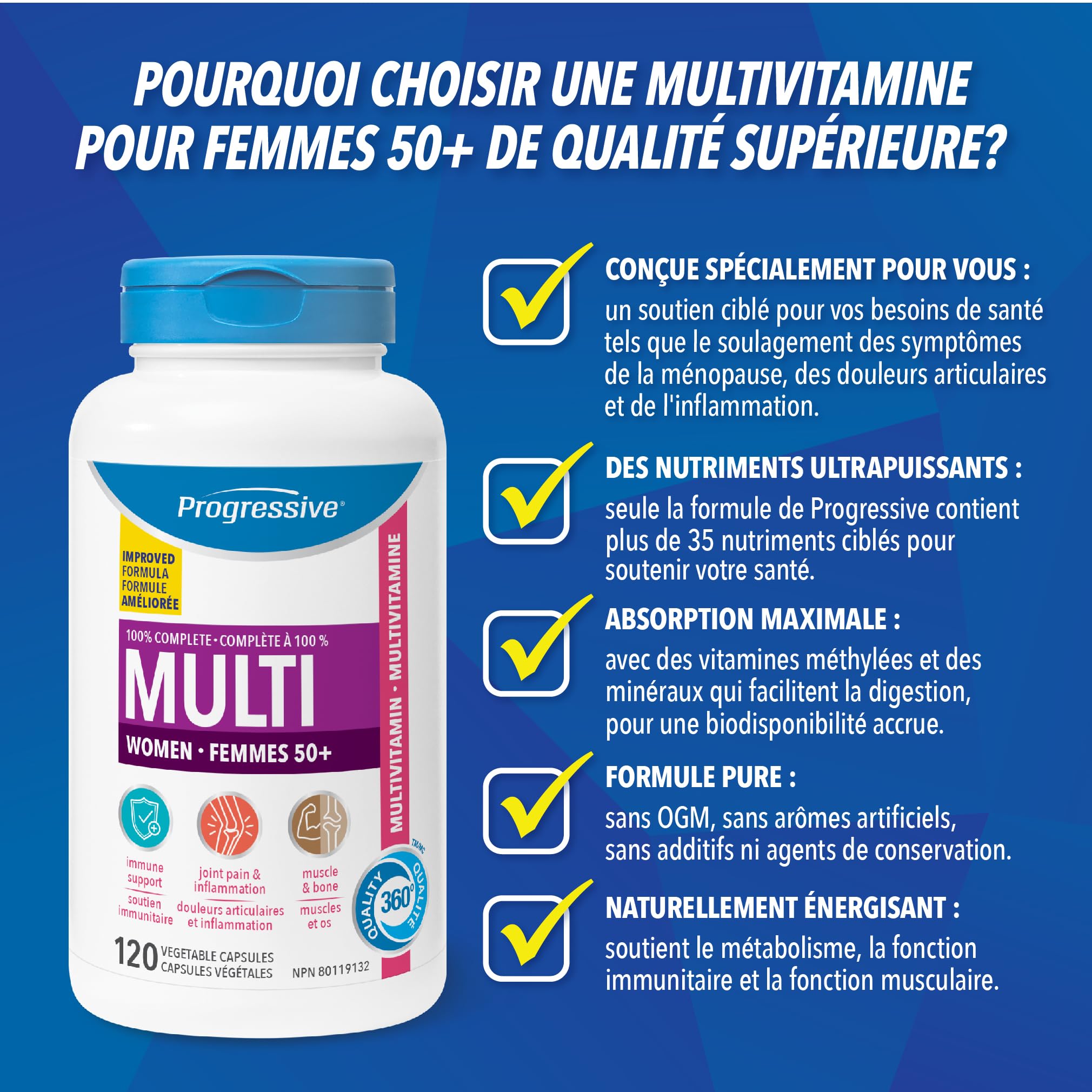 Progressive Advanced Multivitamin for Women 50+, with Black Cohosh, Chastetree, Maca, Turmeric, and CoQ10. Supports Menopause, Immunity, Heart Health, Joint Health, and Inflammation, 100% Complete, Canadian-Made, 120 Count 🍁 All In One Marketplace Canada