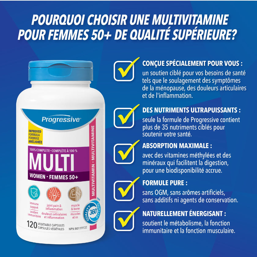 Progressive Advanced Multivitamin for Women 50+, with Black Cohosh, Chastetree, Maca, Turmeric, and CoQ10. Supports Menopause, Immunity, Heart Health, Joint Health, and Inflammation, 100% Complete, Canadian-Made, 120 Count 🍁 All In One Marketplace Canada