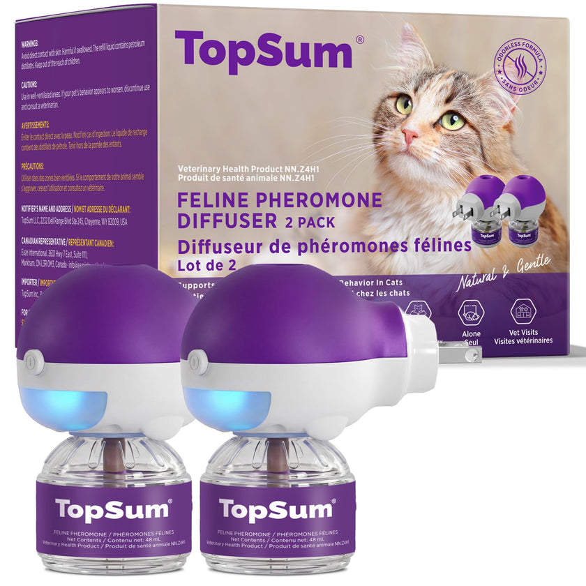 TopSum Cat Pheromone Diffuser: Cat Calming Diffuser for Spraying, Scratching, Excessive Meowing & Multi-Cat Homes, Ideal for Cats Alone at Home - VHP Registered NN.Z4H1 (2 Diffusers+2 Refills) 🍁 All In One Marketplace Canada