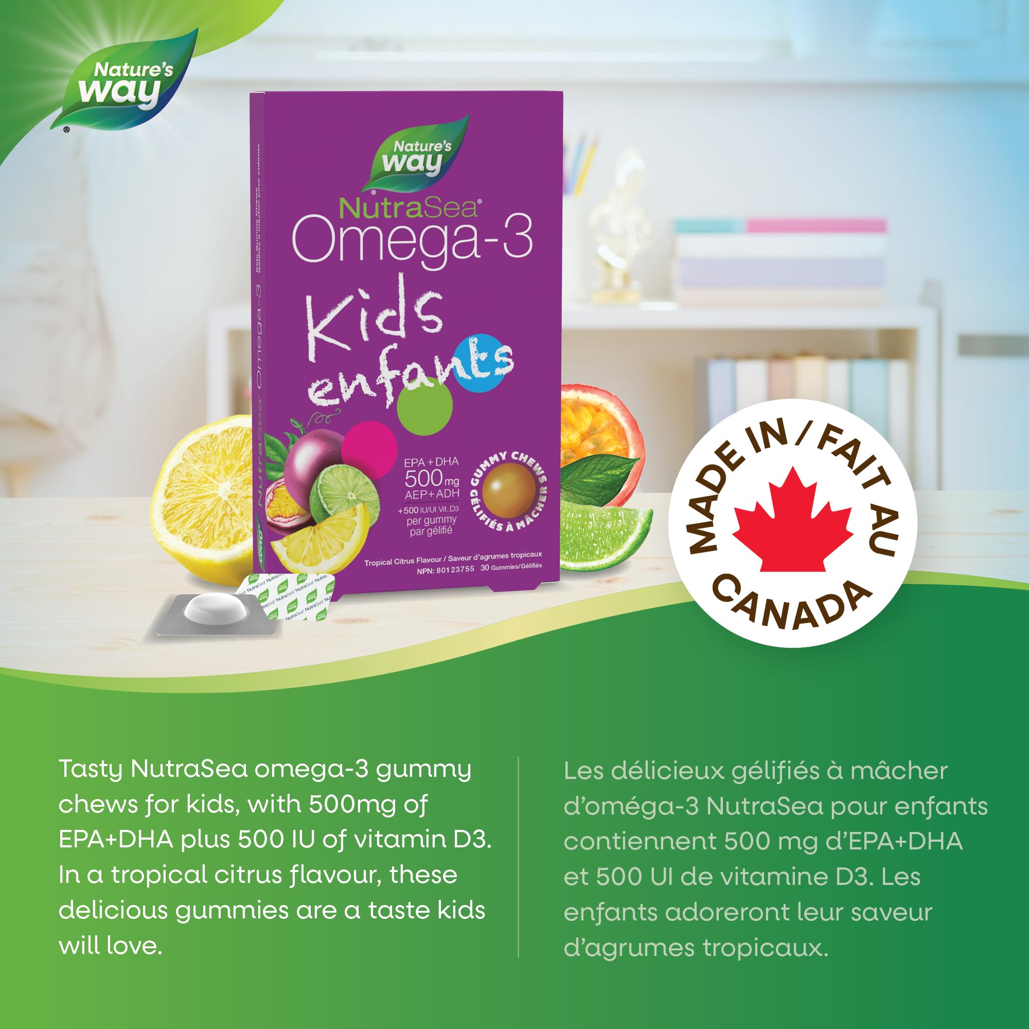 Nature's Way NutraSea Omega 3 Kids Gummy Chews Supplement with Fish Oil – Tropical Citrus Flavour – Brain, Bone & Immune Support for Kids Ages 3+ – 500mg EPA & DHA + 500IU Vitamin D3, 30 Gummies 🍁 All In One Marketplace Canada