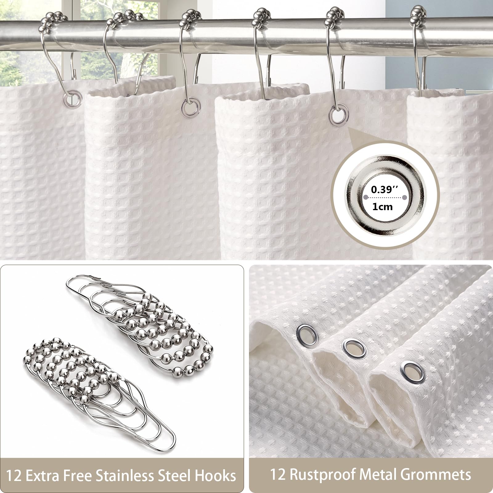 Waffle Weave Shower Curtain with Stainless Steel Hooks - 256 GSM Heavy Duty Fabric Bath Curtains, Hotel Luxury Quality, Water Resistant, Machine Washable, Weighted Hem, 72 x 72 Inches (White) 🍁 All In One Marketplace Canada