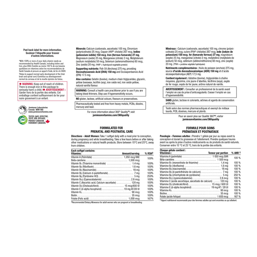 Jamieson Prenatal 100% Complete Multivitamin + DHA, with Folic Acid and Iron, 60 Softgels. For Prenatal, Postnatal and Breastfeeding, Supports Baby's Developing Brain, Gluten-Free, One Per Day 🍁 All In One Marketplace Canada