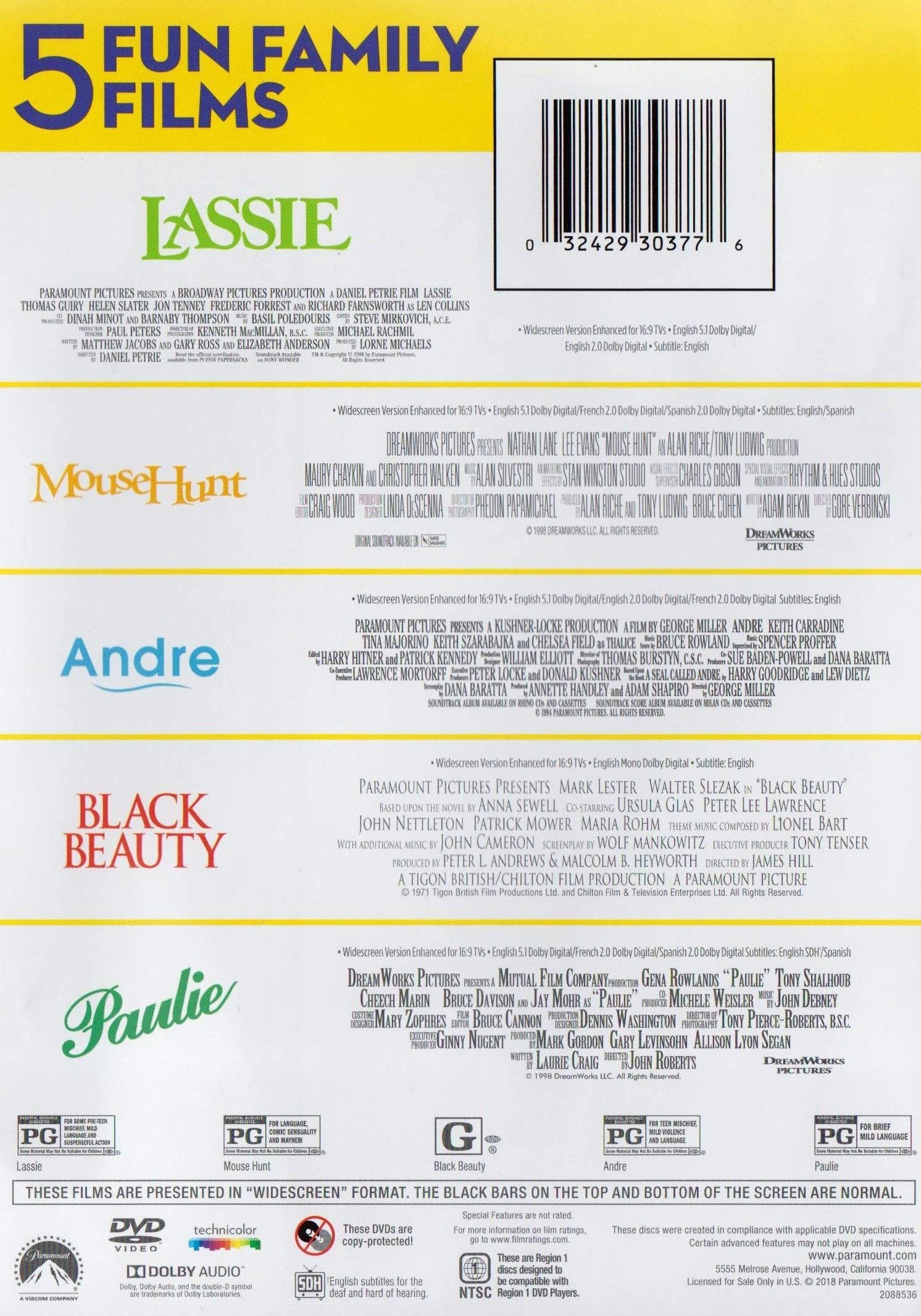 5 Fun Family Films (Lassie / MouseHunt / Andre / Black Beauty / Paulie) - DVD