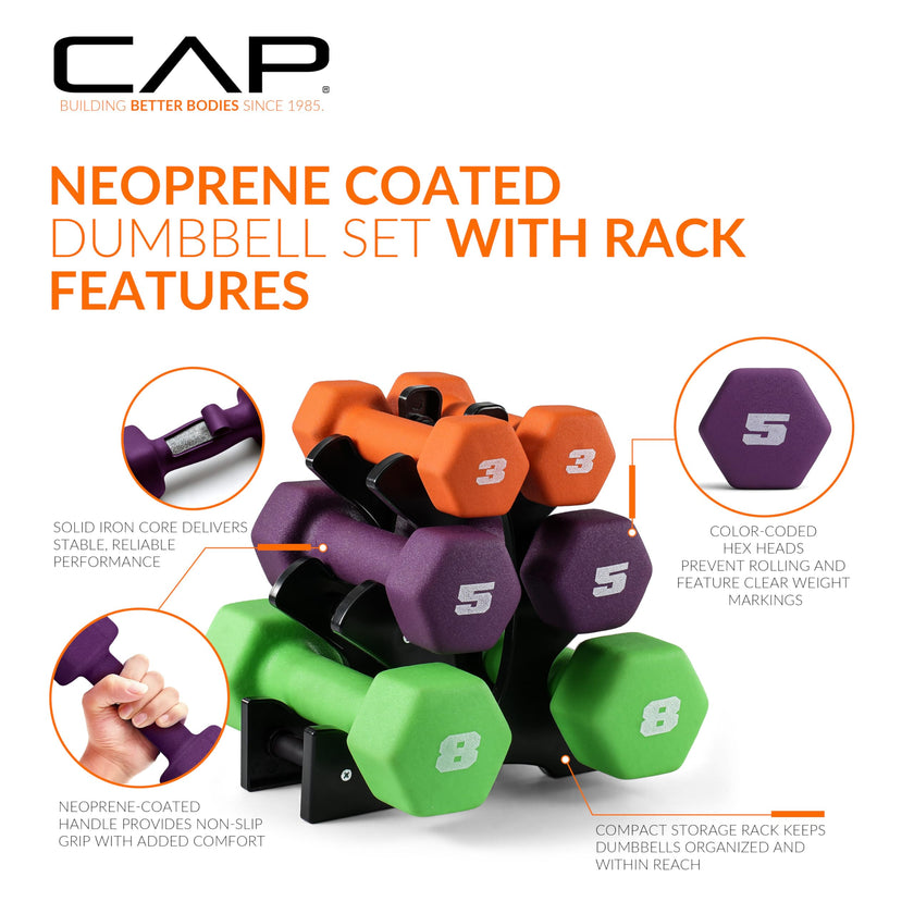 CAP Barbell 32 lb Neoprene Dumbbell Set with Rack |Includes 3, 5, 8 lb Pairs 🍁 All In One Marketplace Canada