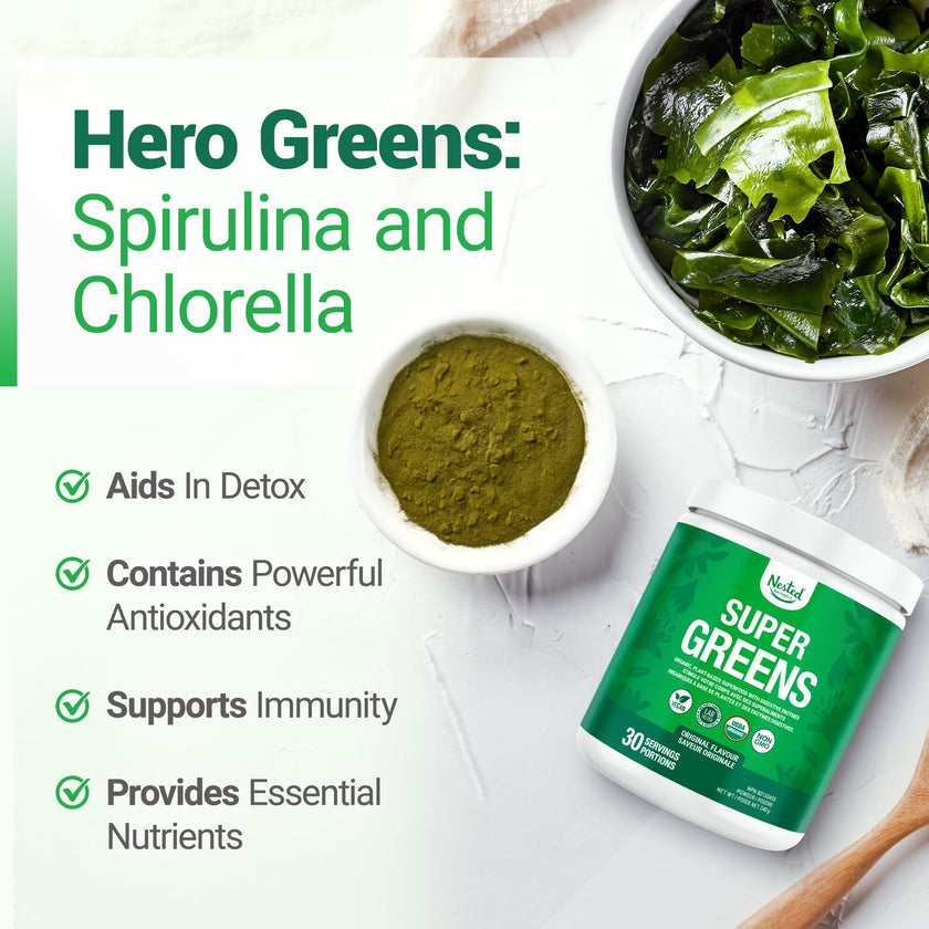 Nested Naturals Super Greens Powder - Organic Daily Greens Superfood Powder w/ 20+ Whole Foods, Spirulina, Wheat Grass & Barley Grass - Probiotics, Fiber & Enzymes - USDA Certified Organic, Original Flavour, 30 Servings 🍁 All In One Marketplace Canada