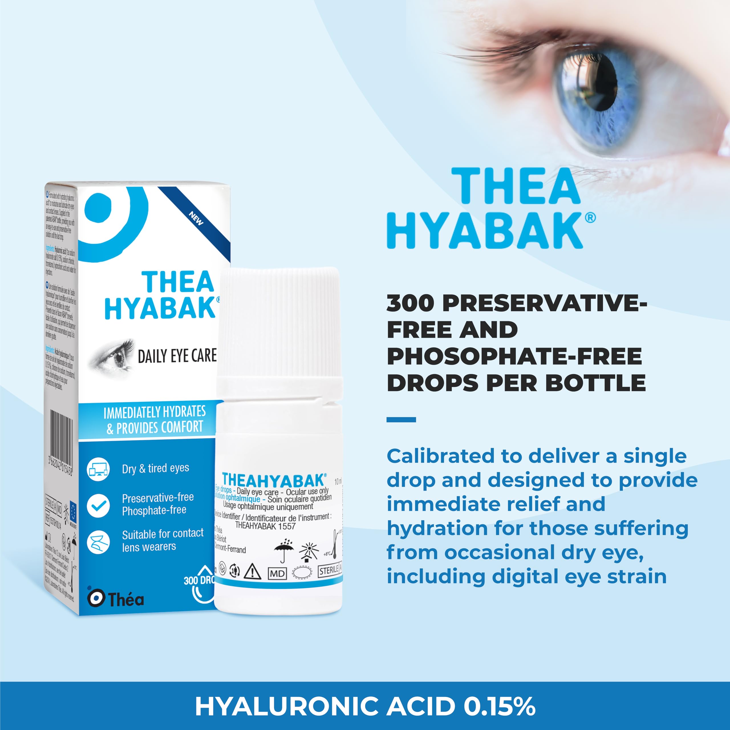 Thea Hyabak Eye Drops - Hyaluronic Acid for Dry Eyes, Contact Lens Moisturizing Lubricant, Occasional Dry Eye, Digital Device Use, Ideal for Extended Screen Use - 10 ml (300 Drops) 🍁 All In One Marketplace Canada