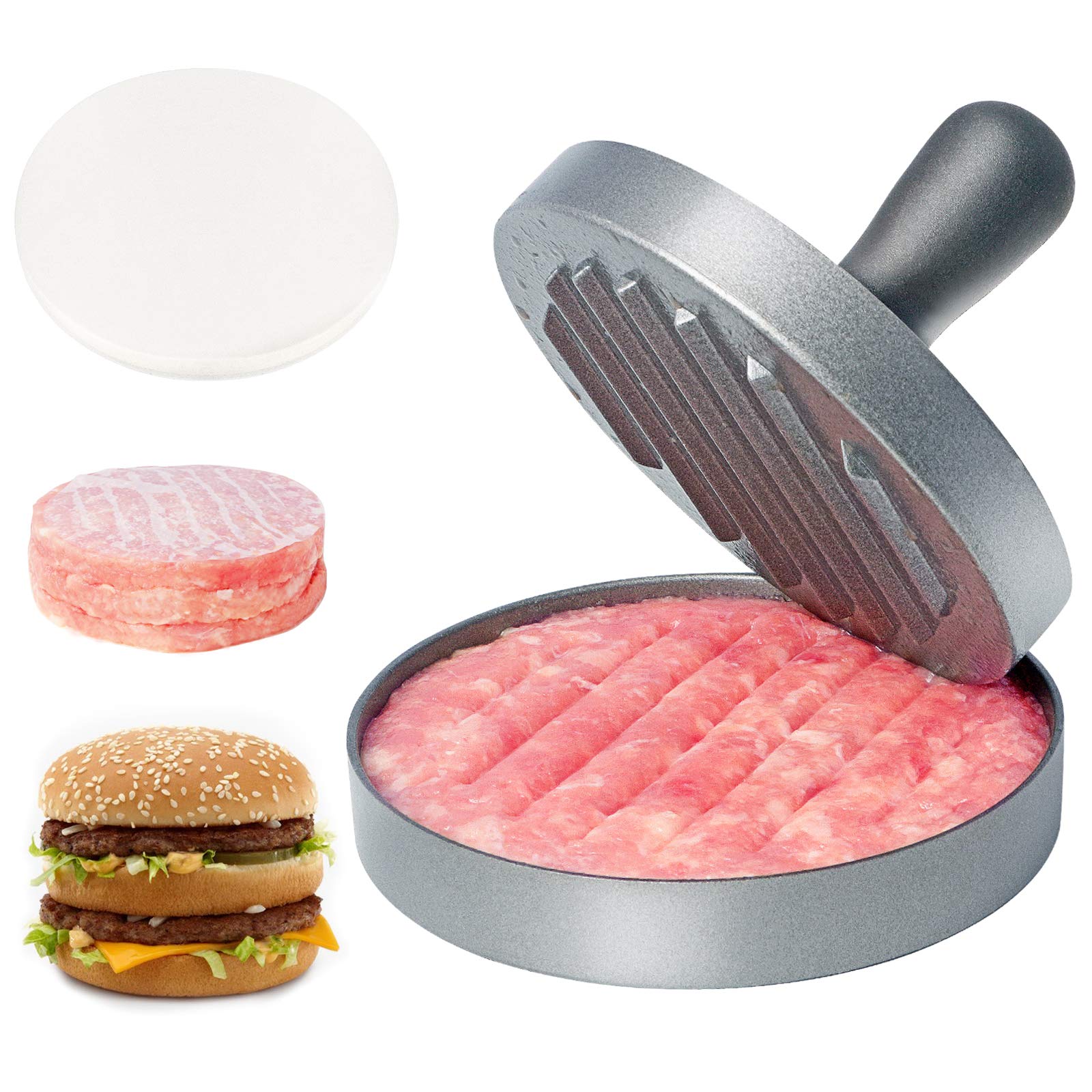 Asdirne Hamburger Press Patty Maker, Food Grade Aluminum Burger Press with ABS Handle, Non-Stick, Easy to Clean, with 50 Pcs Wax Patty Paper, 4.6