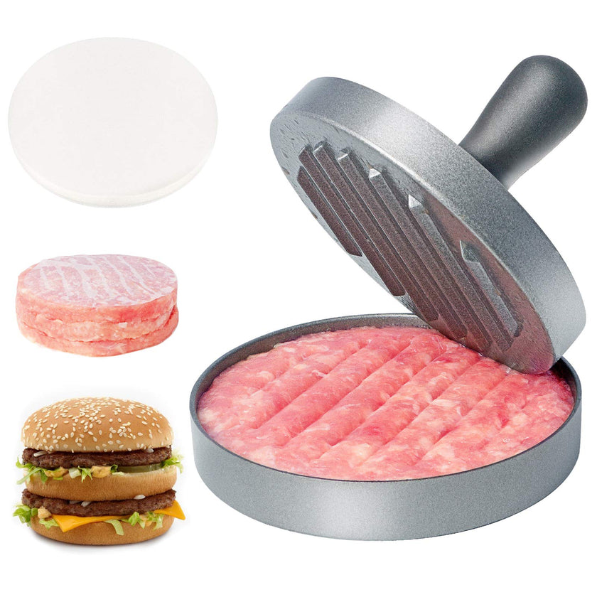 Asdirne Hamburger Press Patty Maker, Food Grade Aluminum Burger Press with ABS Handle, Non-Stick, Easy to Clean, with 50 Pcs Wax Patty Paper, 4.6