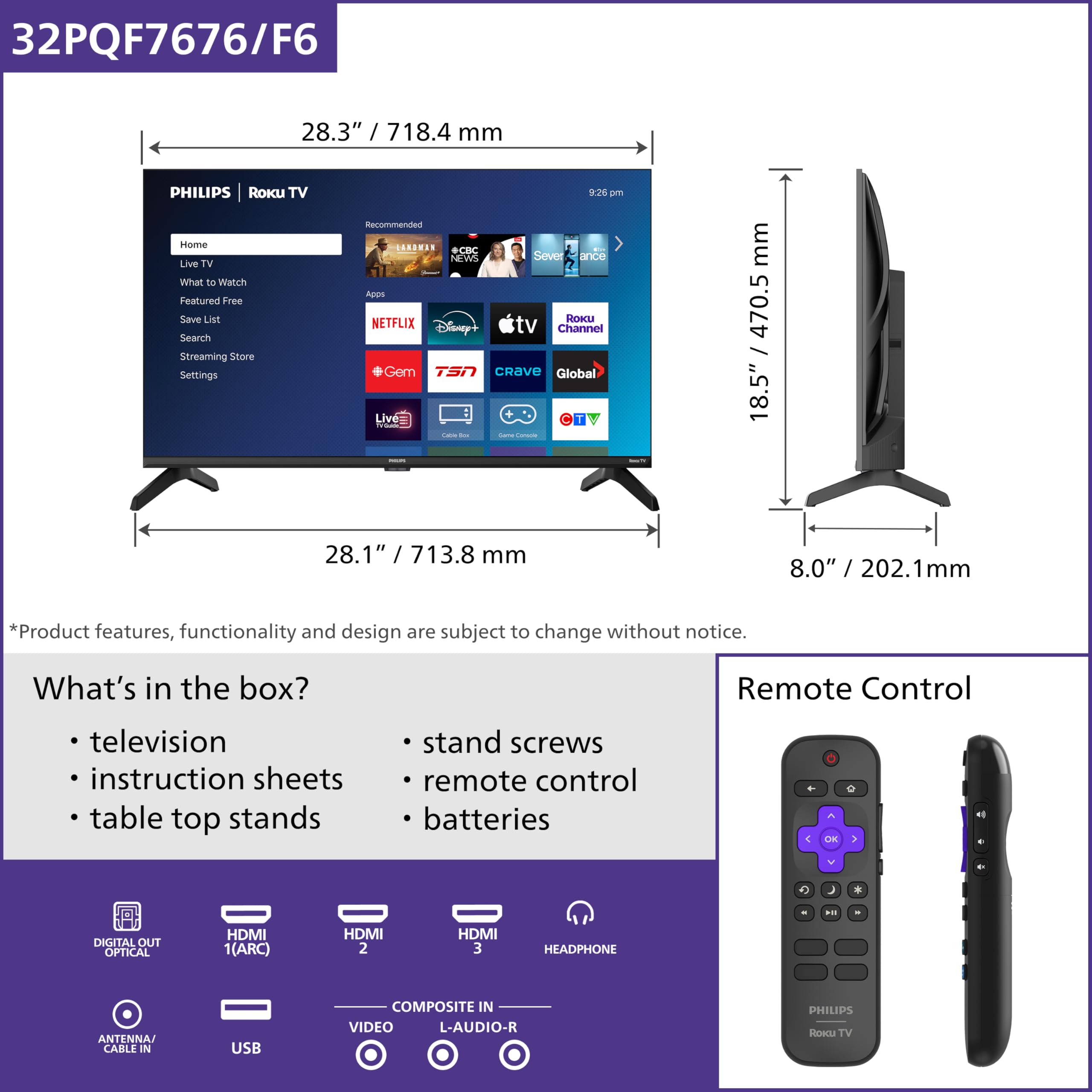 Philips 32PQF7676/F6 7600 Series FHD QLED 32-Inch Full HD QLED Roku TV 🍁 All In One Marketplace Canada