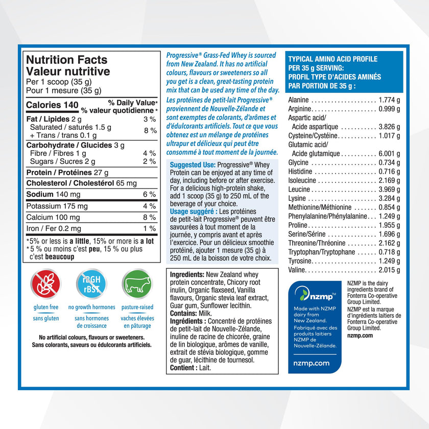 Progressive Grass-Fed 100% Whey Protein Powder Vanilla, 27g of New Zealand Whey Concentrate per Scoop for Muscle Gain, Pasture-Raised, Non-GMO, Canadian-Made Antibiotic-free, Hormone-free, 850 g 🍁 All In One Marketplace Canada