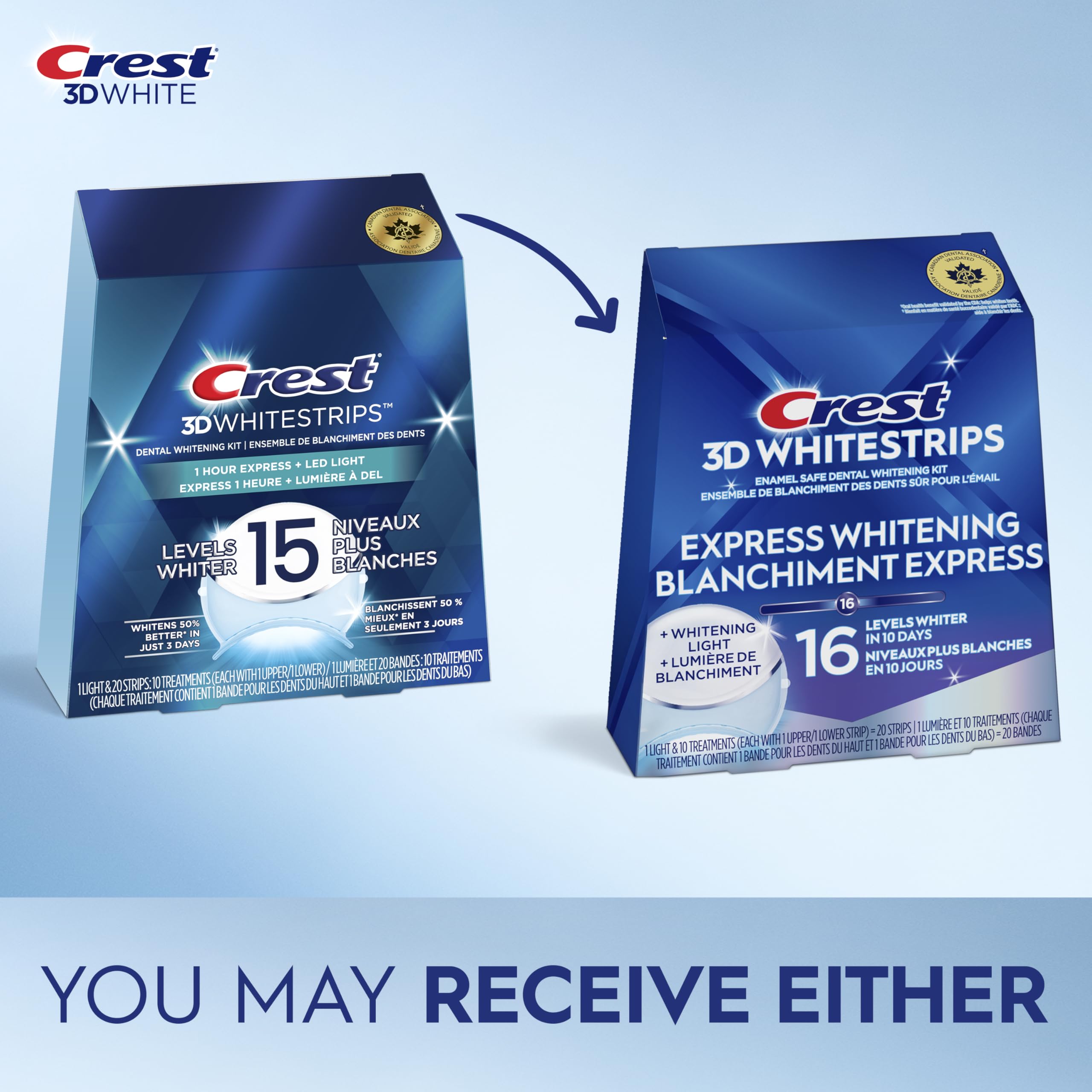 Crest 3D Whitestrips Express Whitening + Whitening Light At-home Teeth Whitening Kit, 10 Treatments + Light, 16 Levels Whiter 🍁 All In One Marketplace Canada