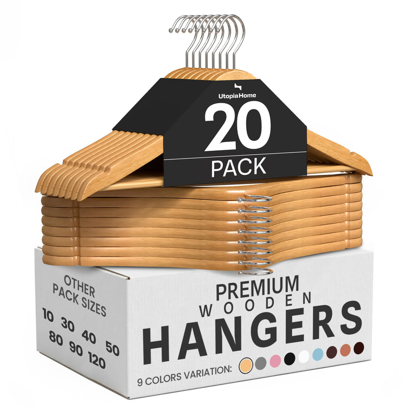 Utopia Home Premium Wooden Hangers 20 Pack - Heavy Duty & Durable Coat Hanger - Wood Hanger with 360-Degree Rotatable Hook - Clothes Hangers with Non-Slip Shoulder Notches For Shirts & Coats (Natural) 🍁 All In One Marketplace Canada