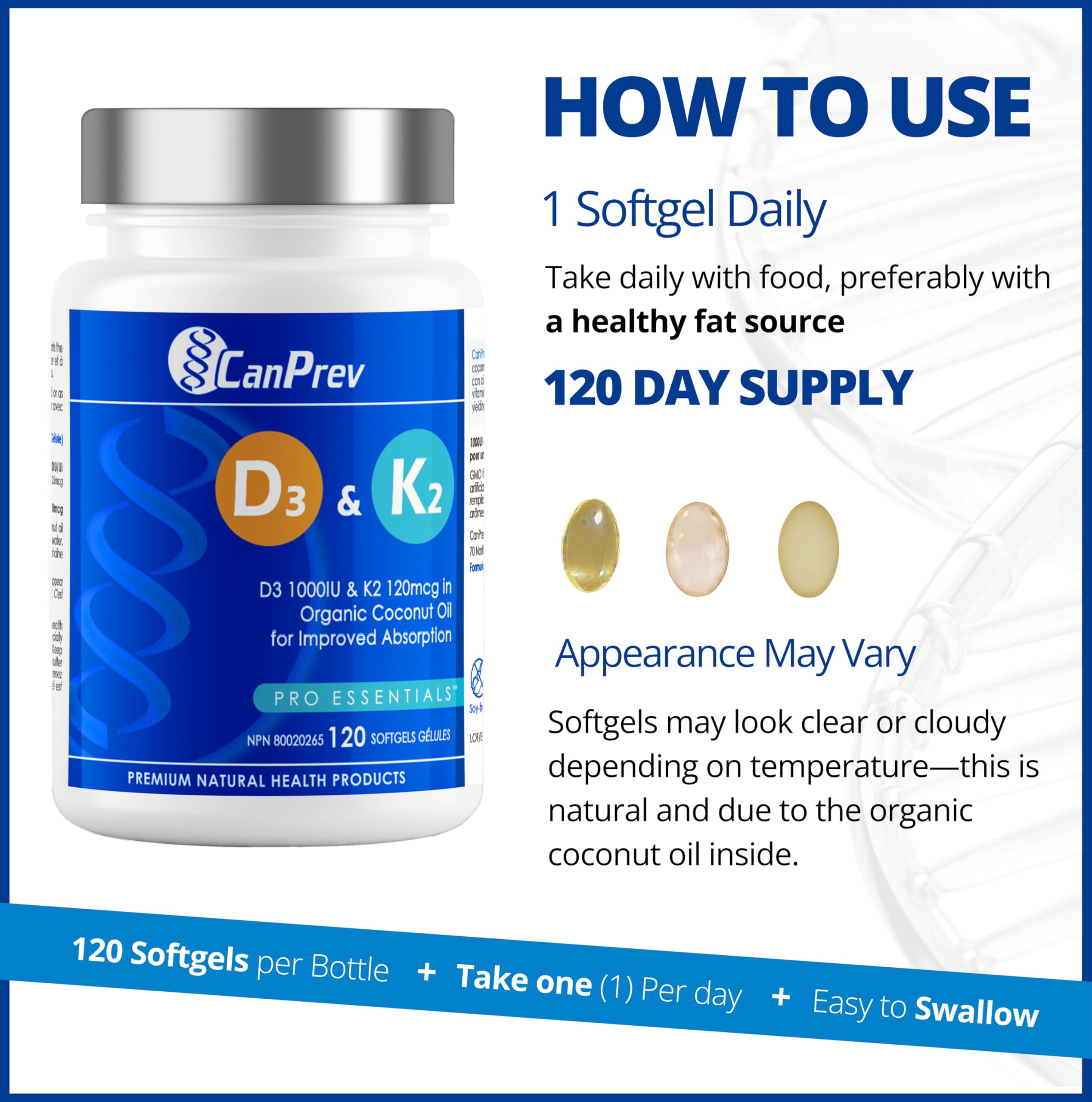 CanPrev D3 & K2 Vitamins 120 Softgels, 120-Day Supply, 1000IU Vitamin D3 & 120mcg K2, Supports Strong Bones, Teeth & Heart Wellness, Easy-to-Absorb with Organic Coconut Oil, No GMO, Gluten, Soy, Dairy 🍁 All In One Marketplace Canada