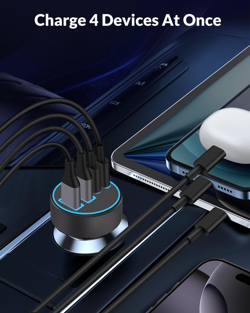 iPhone 17 16 15 Car Charger Fast Charging, 90W 4-Port USB C Fast Car Charger Cigarette Lighter Adapter with 240W 3FT USB-C Cable for iPhone 17/Air/17 Pro/17e/16/15 Pro Max/Plus/16e, iPad, Android 🍁 All In One Marketplace Canada