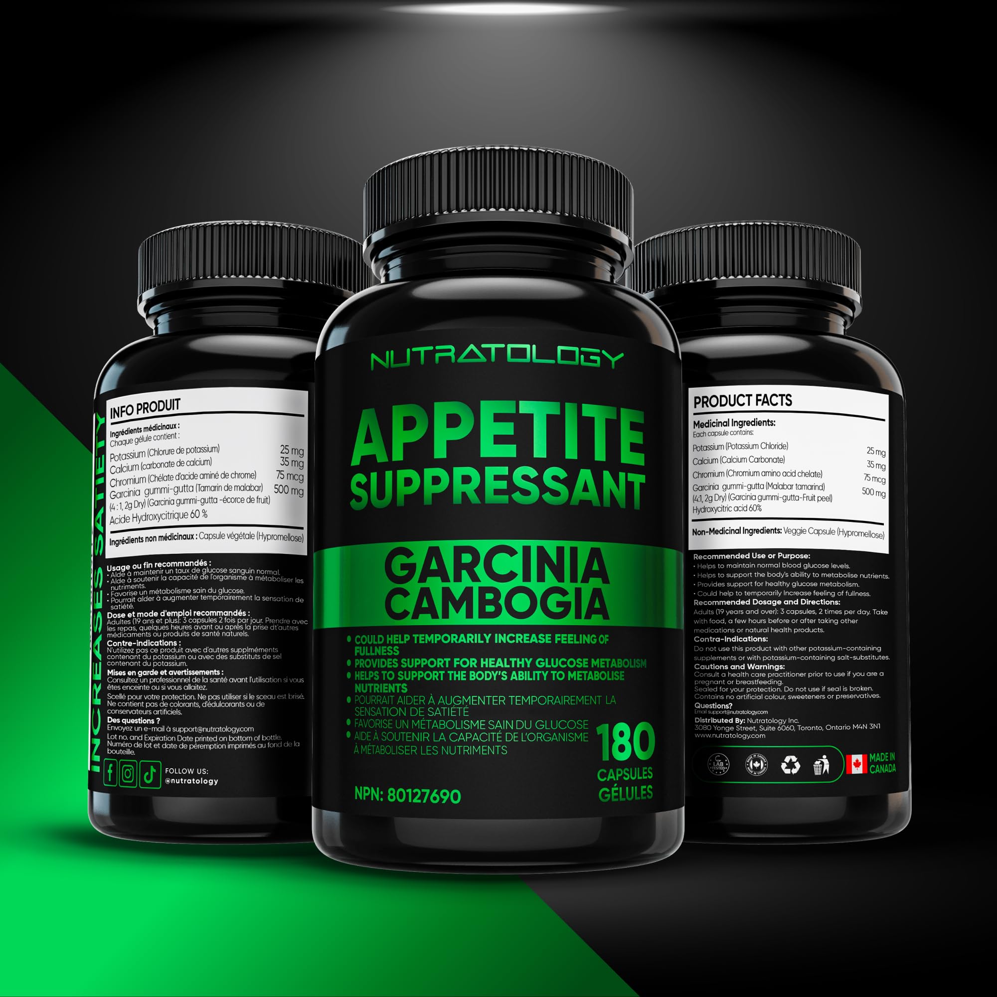 Nutratology® Garcinia Cambogia Appetite Suppressant Weight Loss For Women & Men | Canadian-Made | 500 MG Per Capsule | 60% HCA - Increase Feelings of Fullness & Maintain Blood Sugar Levels - 180 Count 🍁 All In One Marketplace Canada
