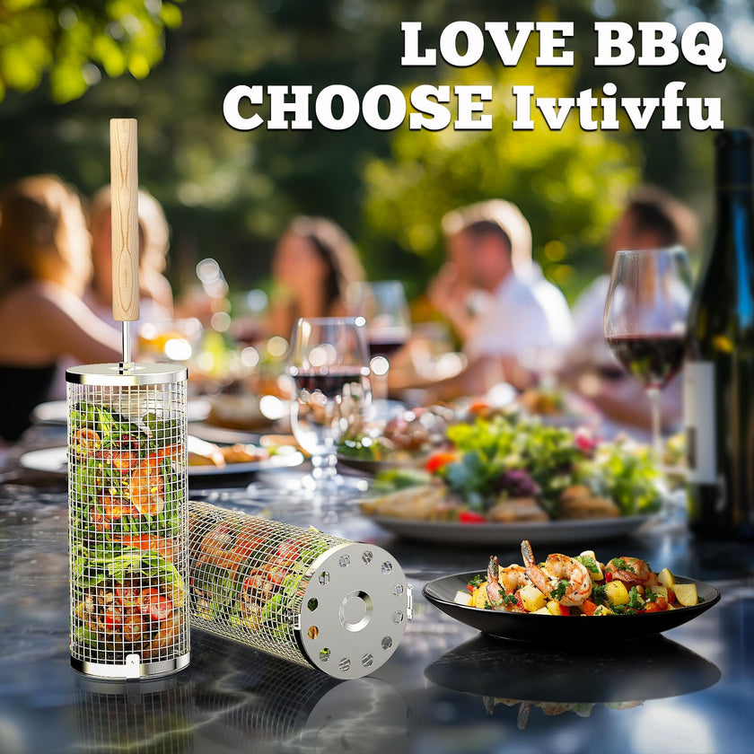 ivtivfu Rolling Grill Basket, Removable Wooden Handle, 304 Stainless Steel, Nesting Grilling Tools, Smoker BBQ Accessories for Vegetable, Outdoor Cooking Camping, Birthday Gifts for Men Dad Husband 🍁 All In One Marketplace Canada