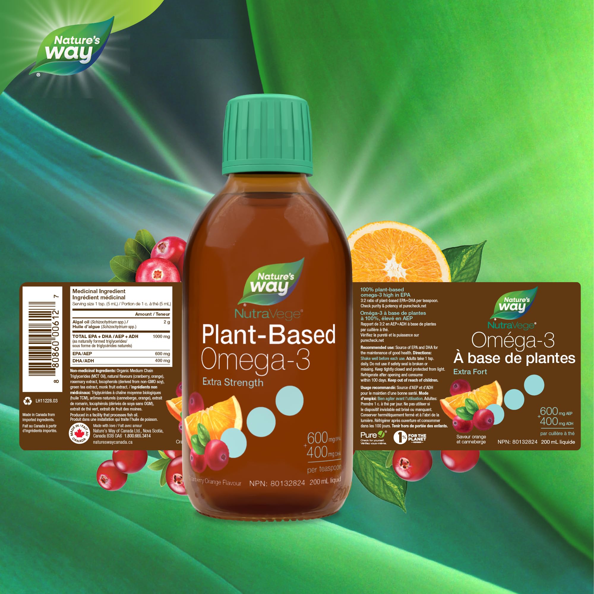 Nature's Way NutraVege Plant-based Omega-3 Extra Strength Vegetarian Liquid Supplement - 1000mg EPA + DHA - Cranberry Orange Flavour – Supports Healthy Heart, Eyes and Brain Function in Adults, 200 mL 🍁 All In One Marketplace Canada