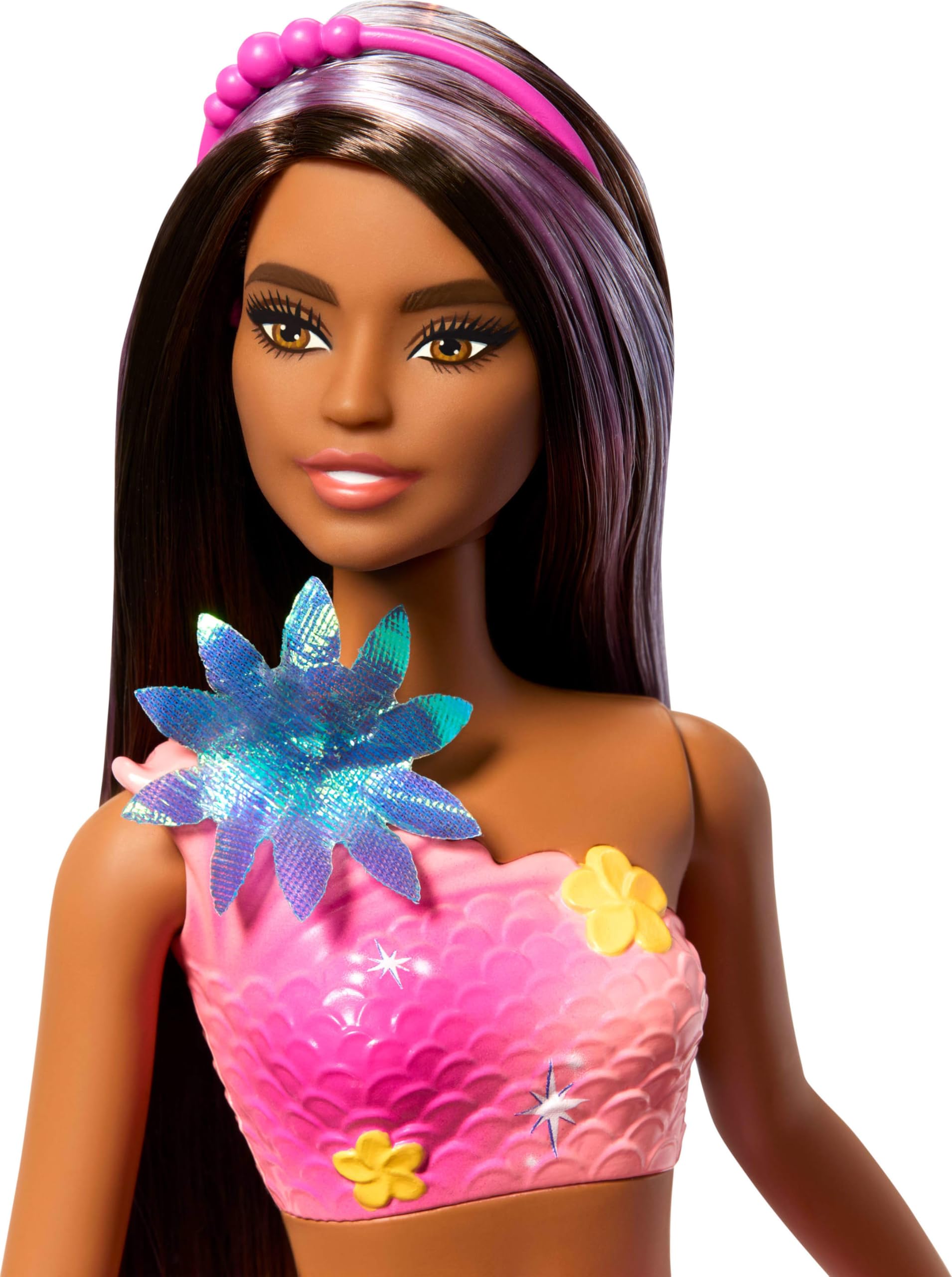 Barbie Mermaid Toy Dolls with Surprise Magic Blooming Flowers Feature, Ombre Tails, Pearl Headband Accessory & Long Brown Hair with Purple Highlights 🍁 All In One Marketplace Canada
