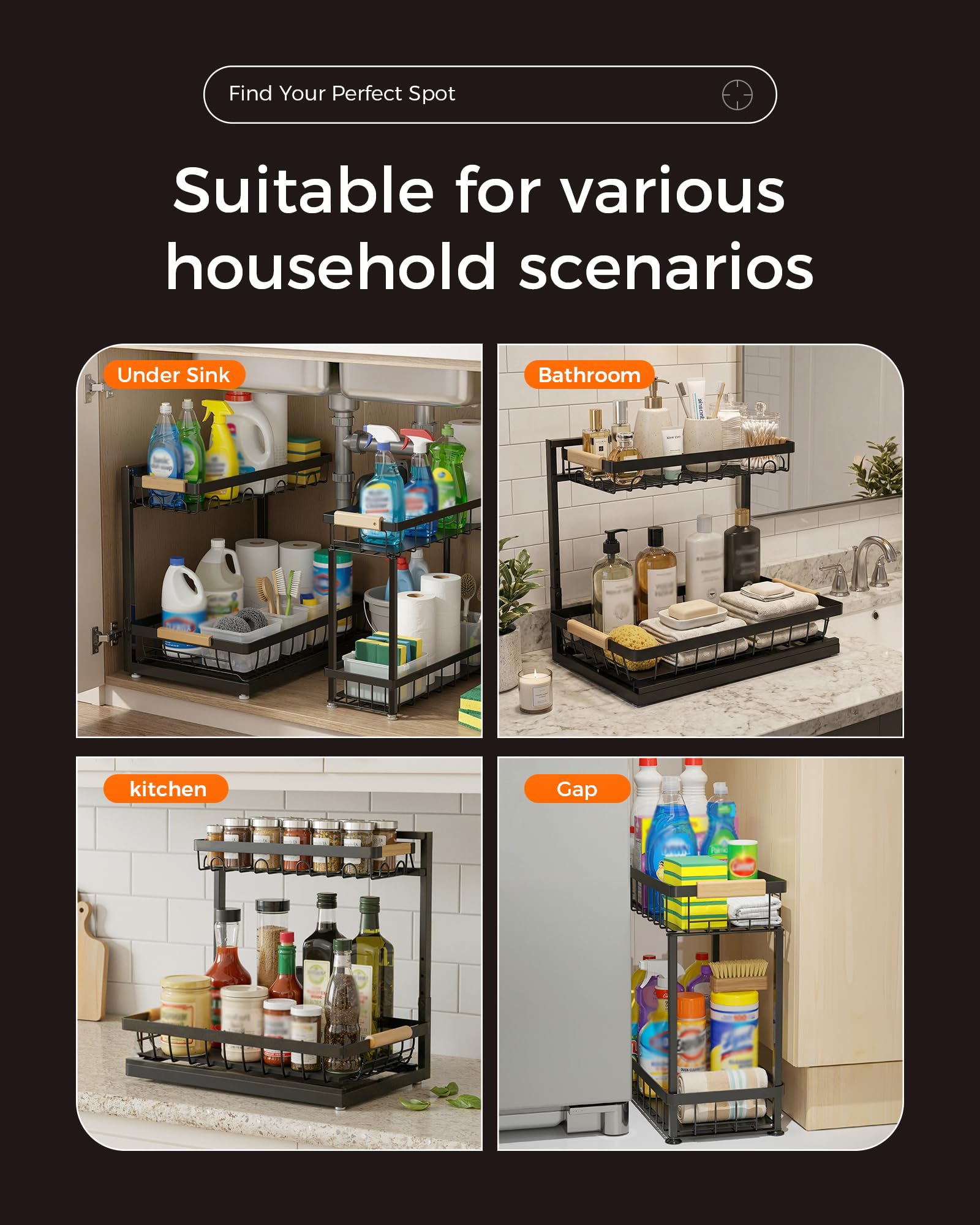 Sevenblue 2 Pack Under Sink Organizer, Height Adjustable 2 Tier Under Sink Organizer Kitchen, Multi-Purpose Storage Shelf for Kitchen Bathroom Cabinet (Black, Large) 🍁 All In One Marketplace Canada