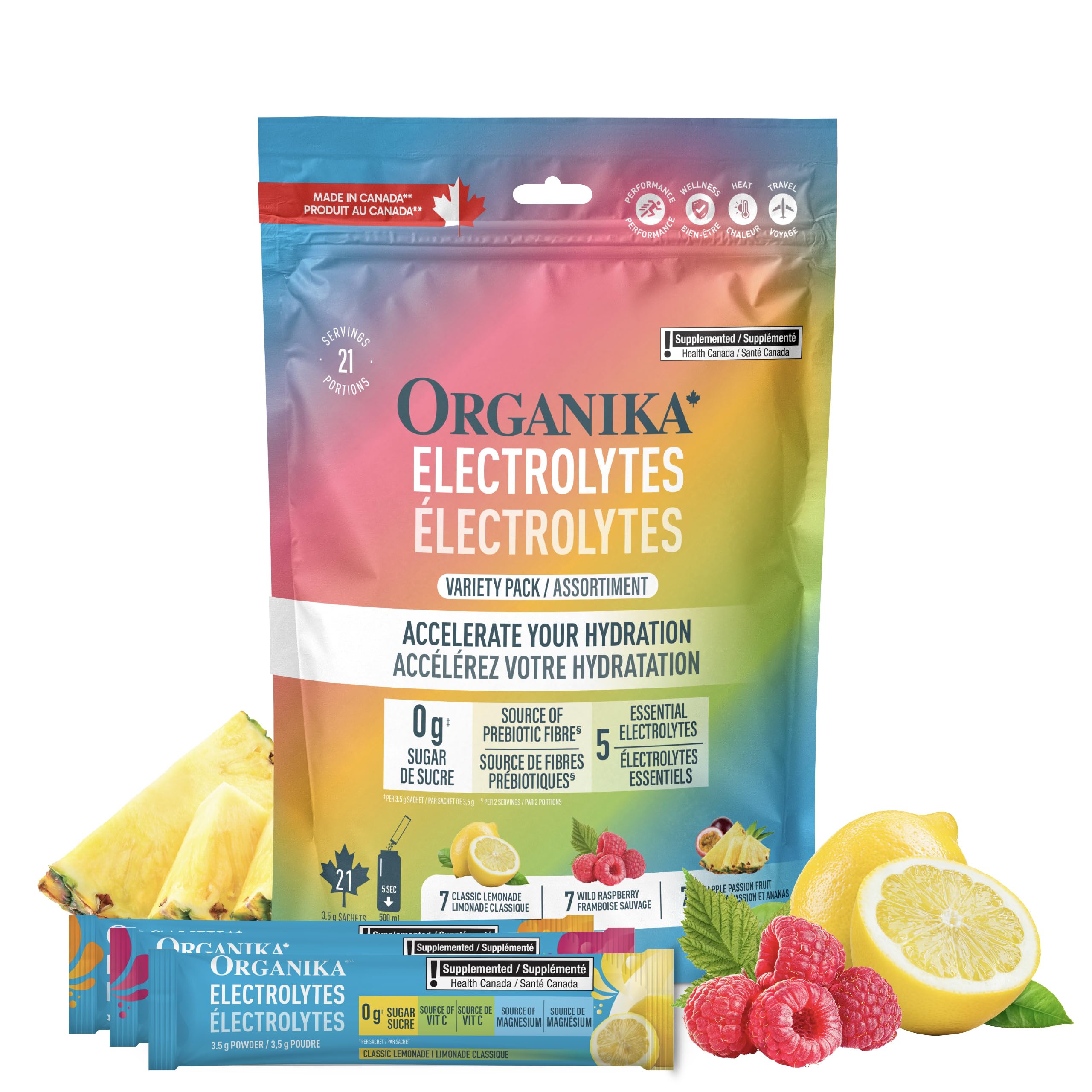 Organika Canadian-Made Electrolytes Powder with Vitamin C & Prebiotic Fibre - Sugar-Free Hydration Drink Mix Variety Pack - Lemonade, Raspberry & Pineapple Passionfruit - 21 Single-Serve Sachets x 3.5g 🍁 All In One Marketplace Canada
