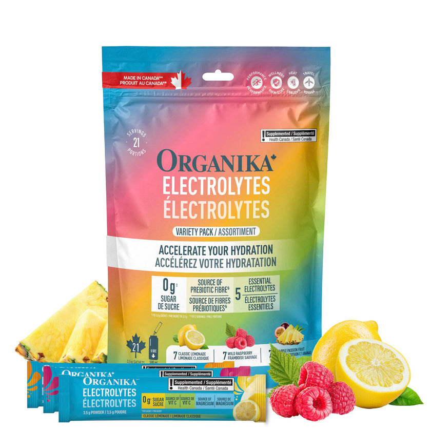 Organika Canadian-Made Electrolytes Powder with Vitamin C & Prebiotic Fibre - Sugar-Free Hydration Drink Mix Variety Pack - Lemonade, Raspberry & Pineapple Passionfruit - 21 Single-Serve Sachets x 3.5g 🍁 All In One Marketplace Canada