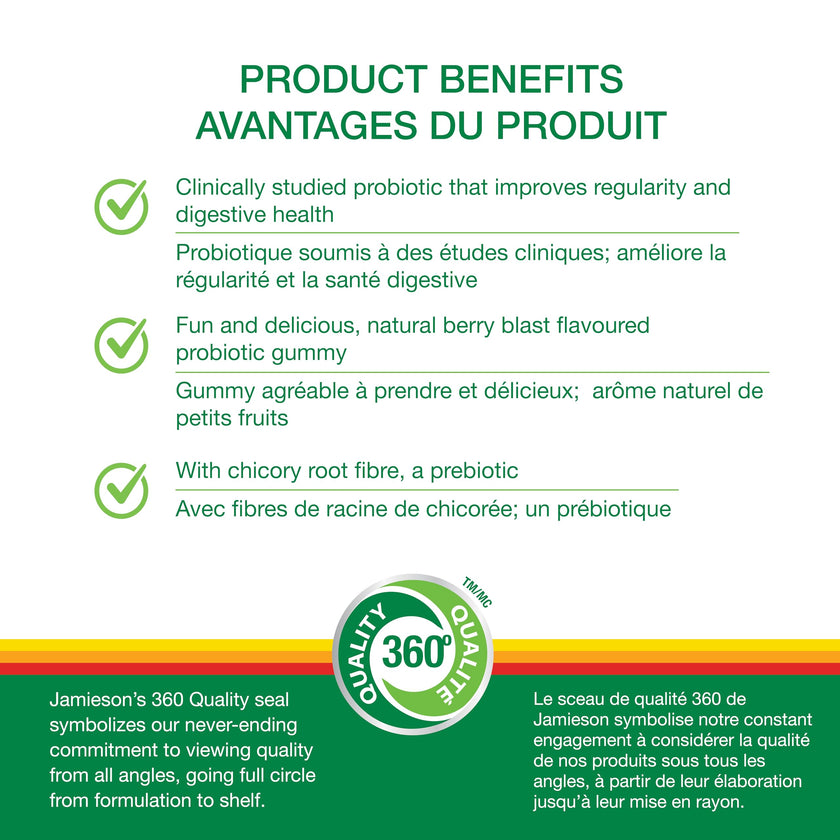Jamieson Extra Strength Probiotic. 30 Gummies. 5 Billion CFU, Berry Blast Flavour, Improves Digestive Health, and Supports a Healthy Microbiome, No Artificial Colours, Flavours, or Preservatives 🍁 All In One Marketplace Canada