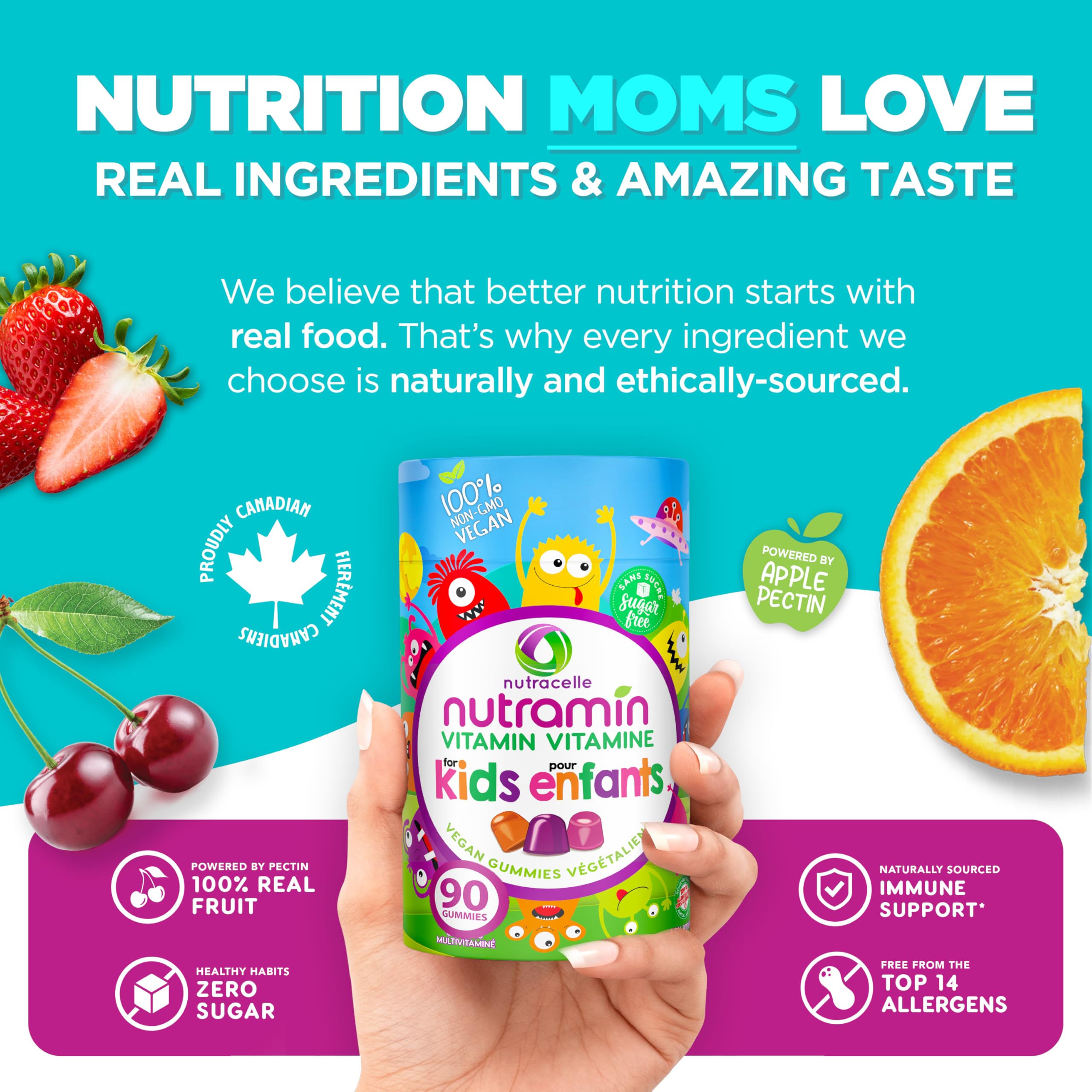 CANADIAN NUTRAMIN Children's Daily Vegan Multivitamin Gummies Vitamin C, D2 & Zinc for Immunity, Plant-Based, Sugar-Free, Nut-Free, Gluten-Free with Biotin, Vitamin A, B, B6, B12 +More 90 Ct (45 Day Supply) 🍁 All In One Marketplace Canada