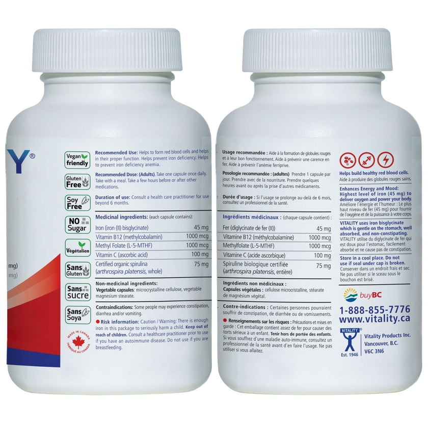 VITALITY Power Iron Supplement 45 mg – Gentle Iron, Vitamin C, B12 & Folate 🍁 All In One Marketplace Canada