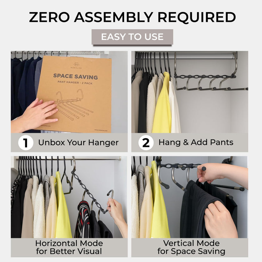 MORALVE Pants Hangers Space Saving - 2 Pack - Non-Slip Multi-Layer Space Saving Hangers - Multifunctional Clothing Rack for Closet Storage - Ideal for Jeans, Trousers, Skirts, Scarves & Slacks (Black) 🍁 All In One Marketplace Canada
