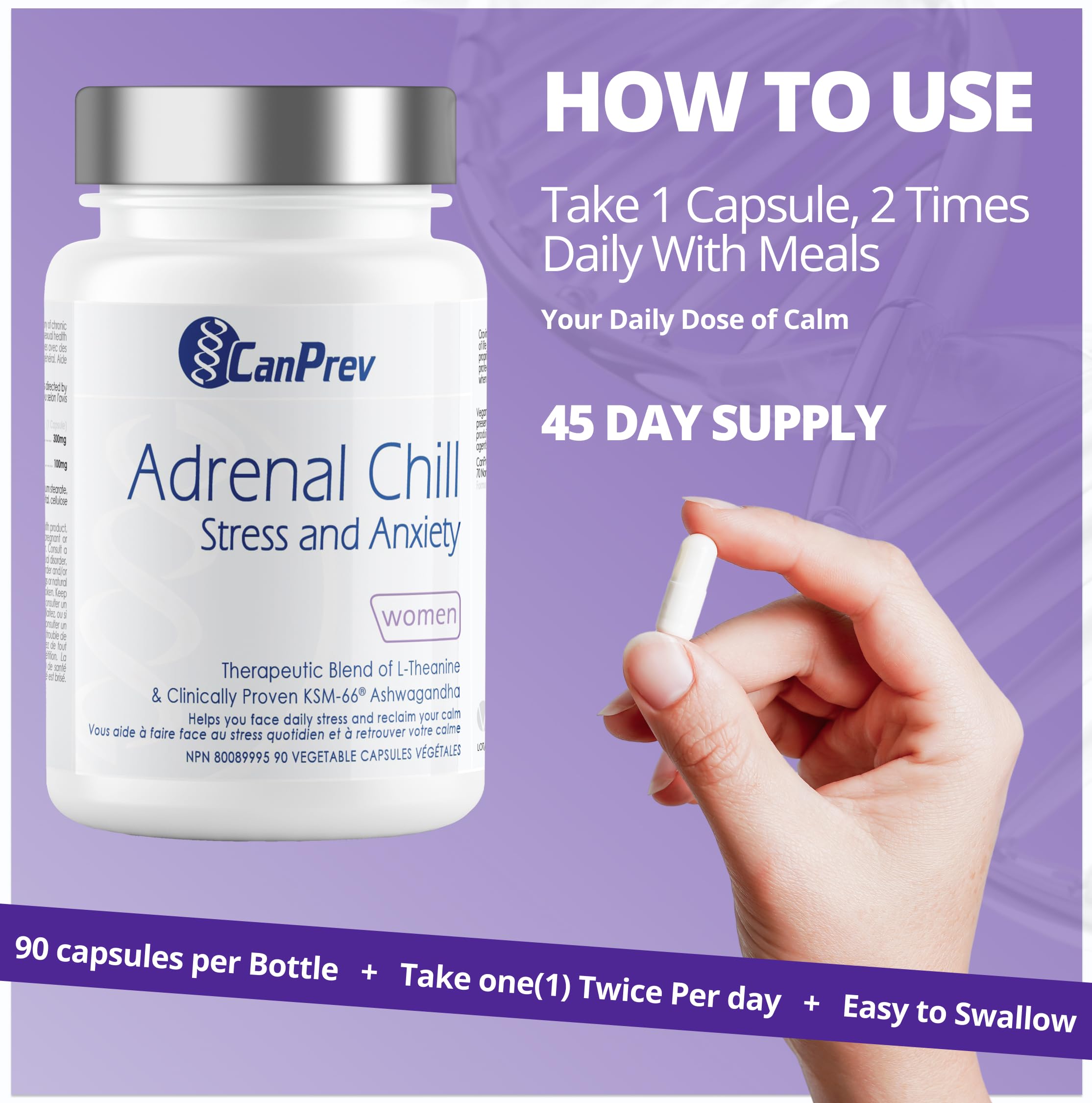 CanPrev Adrenal Chill Women, 90 Veg Capsules, 45-Day Supply with 300mg KSM-66 Ashwagandha & L-Theanine for Calm Focus & Relaxation, Non-GMO, Made in Canada 🍁 All In One Marketplace Canada