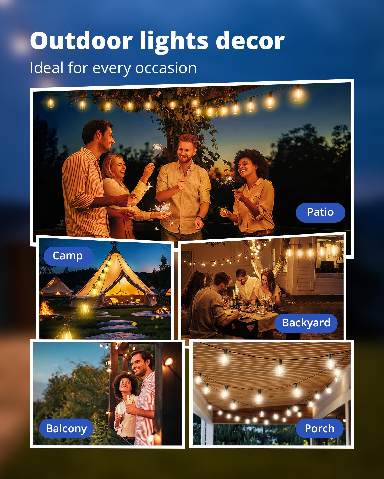 VIPAR Outdoor String Lights 60FT LED Patio Lights Waterproof with 28 Shatterproof ST38 Edison Bulbs Outside Hanging Light Dimmable Connectable for Porch, Deck, Garden, Backyard, Balcony, Decor, 2700K 🍁 All In One Marketplace Canada