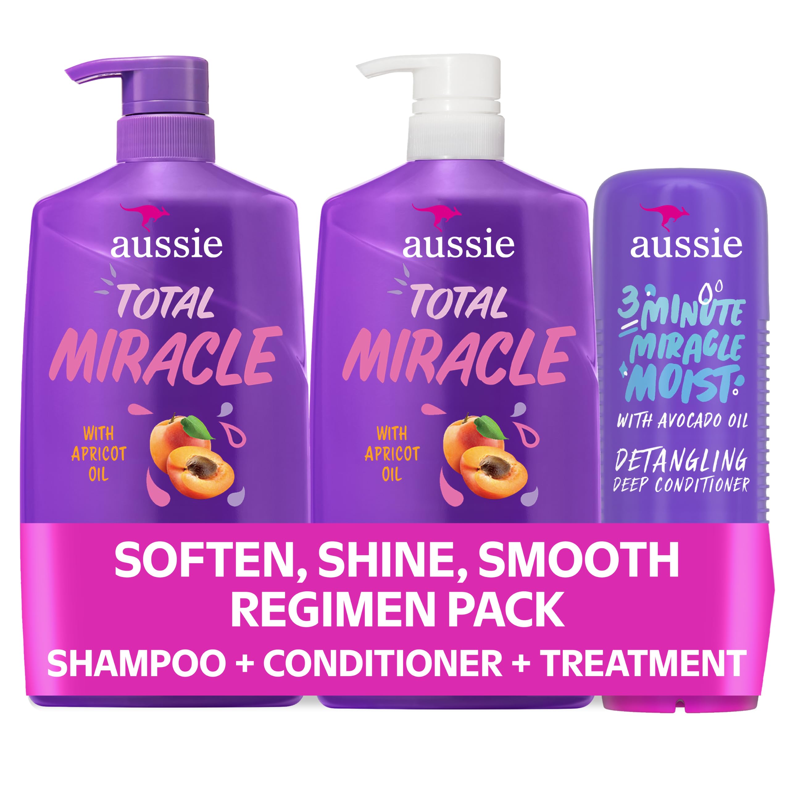 Aussie Total Miracle 3-Piece Set: Shampoo 778 mL, Conditioner 778 mL, 3 Minute Miracle Deep Conditioner Hair Treatment 236 mL, Infused with Apricot and Australian Macadamia Oil, 1.79 L Total 🍁 All In One Marketplace Canada