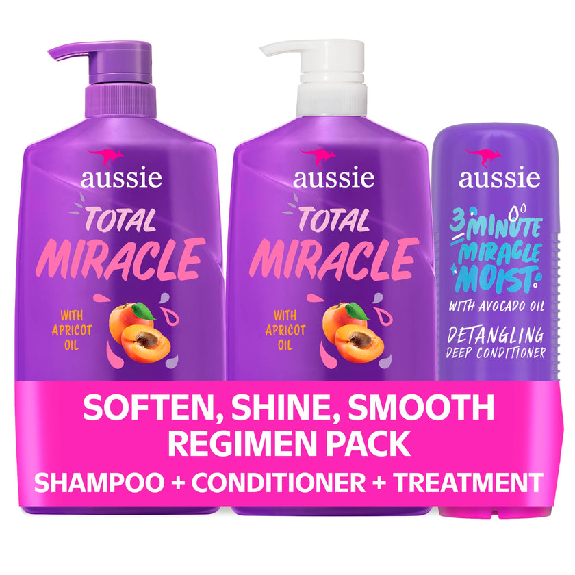 Aussie Total Miracle 3-Piece Set: Shampoo 778 mL, Conditioner 778 mL, 3 Minute Miracle Deep Conditioner Hair Treatment 236 mL, Infused with Apricot and Australian Macadamia Oil, 1.79 L Total 🍁 All In One Marketplace Canada