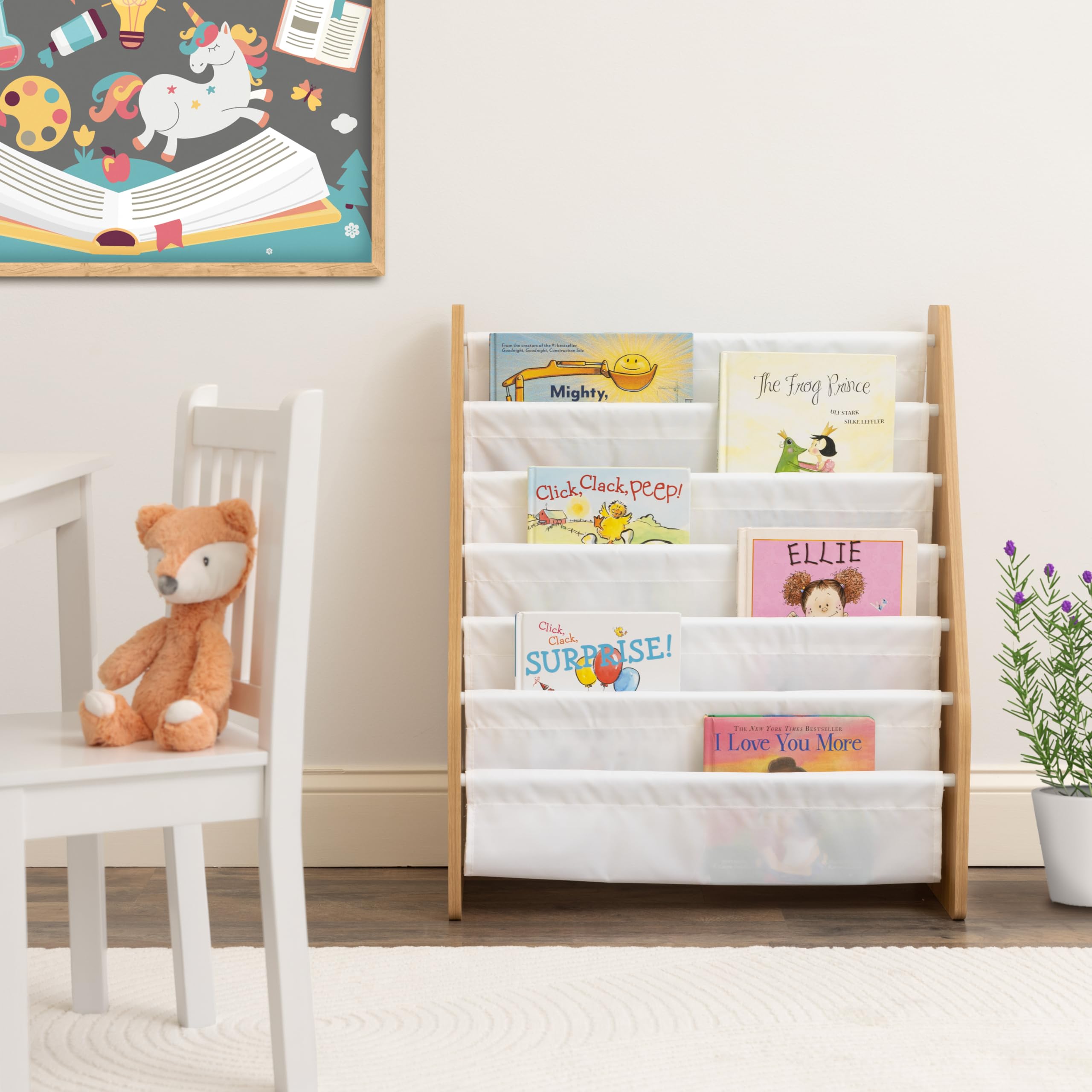 Humble Crew Kids Bookshelf 6-Tier Book Rack Organizer, Extra Large Toddler Bookcase with Fabric Storage Pockets, Front-Facing Display for Children’s Books, White/Natural Wood, Nursery/Playroom Storage 🍁 All In One Marketplace Canada