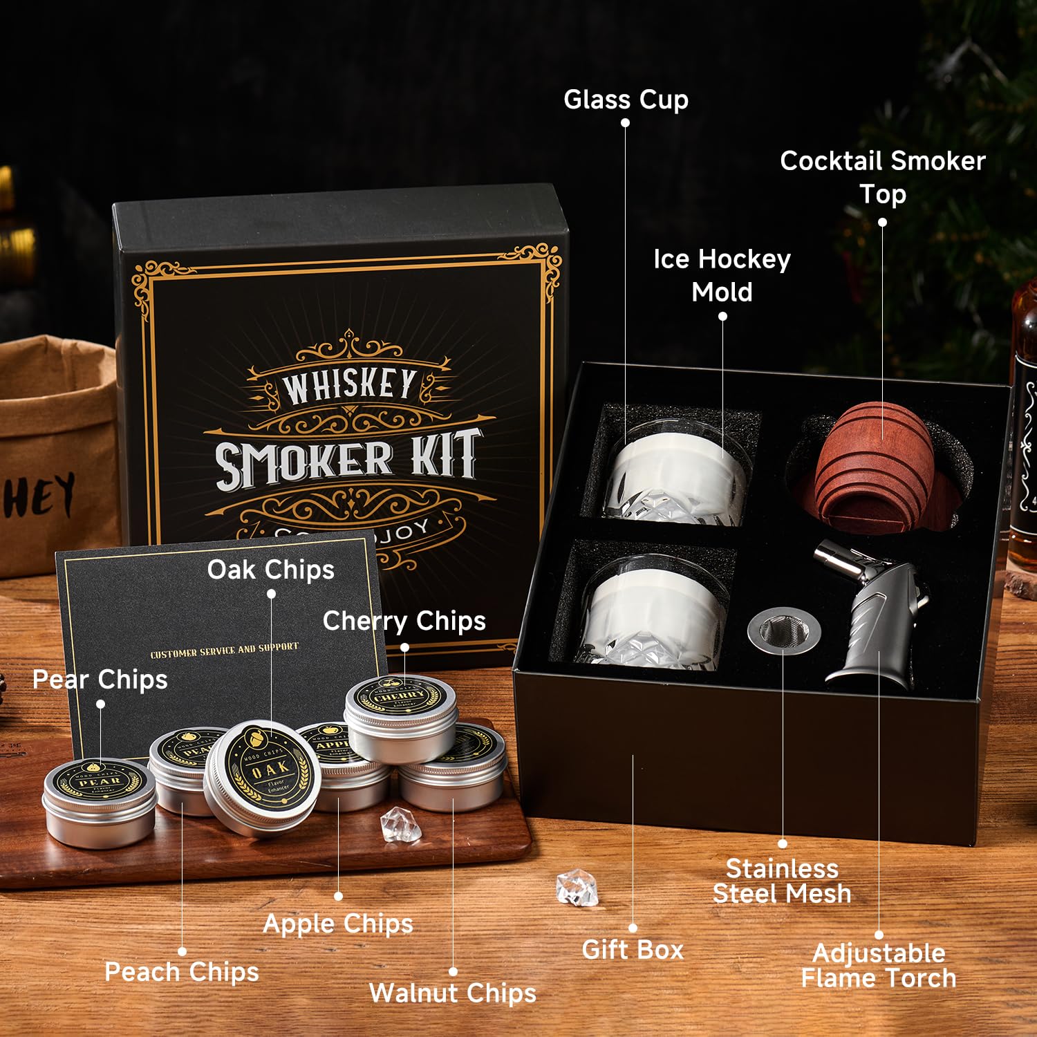 Whiskey Smoker Kit with Torch - 6 Flavors Wood Chips, 2 Glasses, 2 Ice Ball Molds - Cocktail Smoker Infuser Kit, Old Fashioned Drink Smoker Kit, Birthday Bourbon Whiskey Gifts for Men,Dad(NO Butane) 🍁 All In One Marketplace Canada