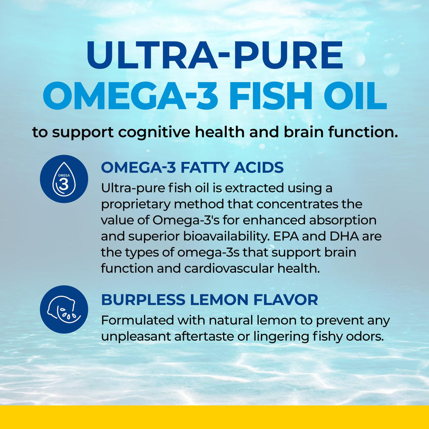 Fish Oil Omega 3 EPA & DHA 2250 mg | Burpless Lemon Flavor Triple Strength Supplement with Fatty Acids from Wild Icelandic Fish | Supports Joint, Eyes, Brain & Skin Health | Non GMO | 90 Softgels 🍁 All In One Marketplace Canada