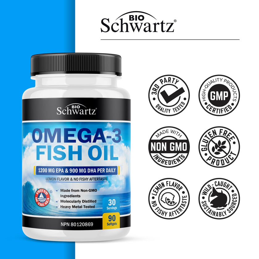 Fish Oil Omega 3 EPA & DHA 2250 mg | Burpless Lemon Flavor Triple Strength Supplement with Fatty Acids from Wild Icelandic Fish | Supports Joint, Eyes, Brain & Skin Health | Non GMO | 90 Softgels 🍁 All In One Marketplace Canada