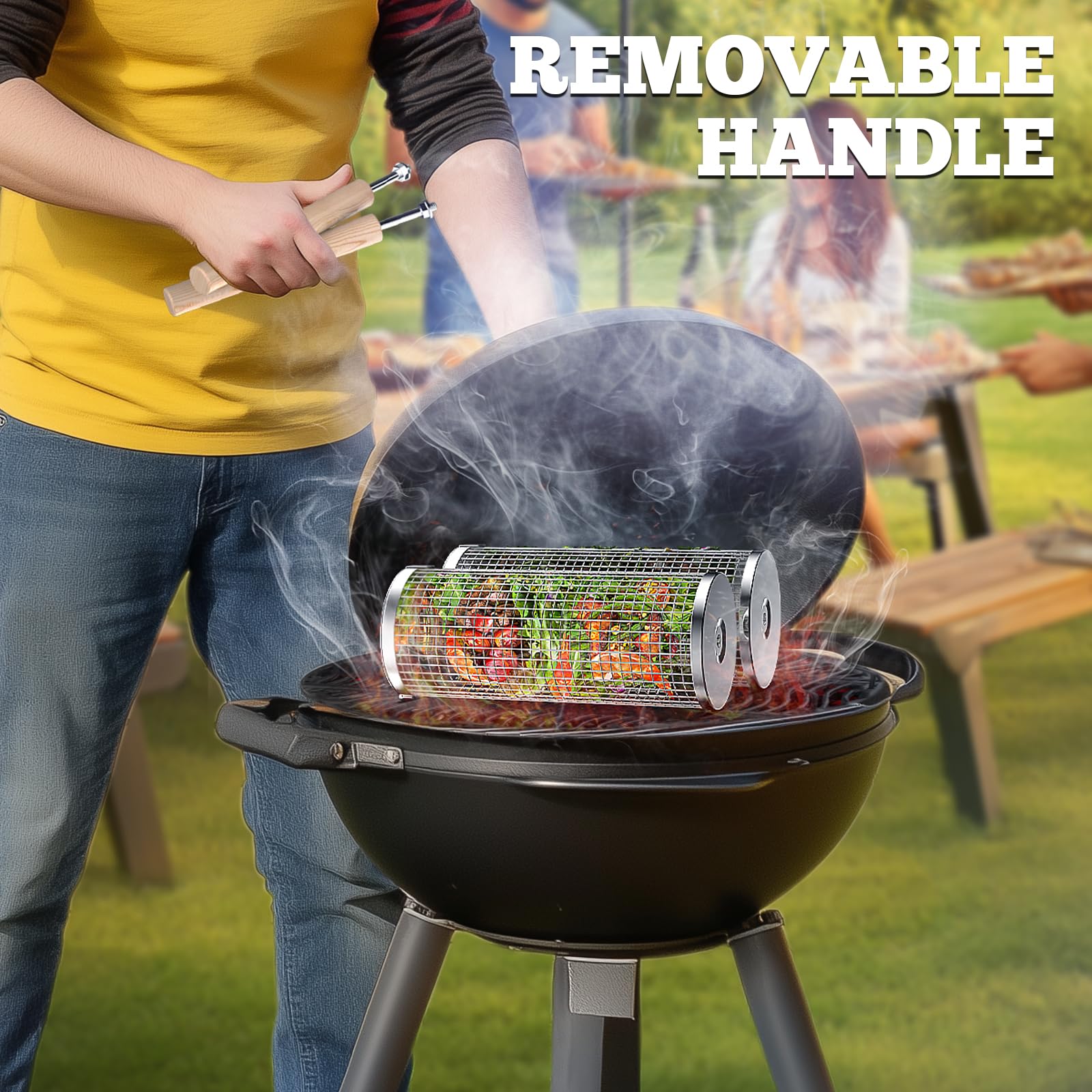 ivtivfu Rolling Grill Basket, Removable Wooden Handle, 304 Stainless Steel, Nesting Grilling Tools, Smoker BBQ Accessories for Vegetable, Outdoor Cooking Camping, Birthday Gifts for Men Dad Husband 🍁 All In One Marketplace Canada