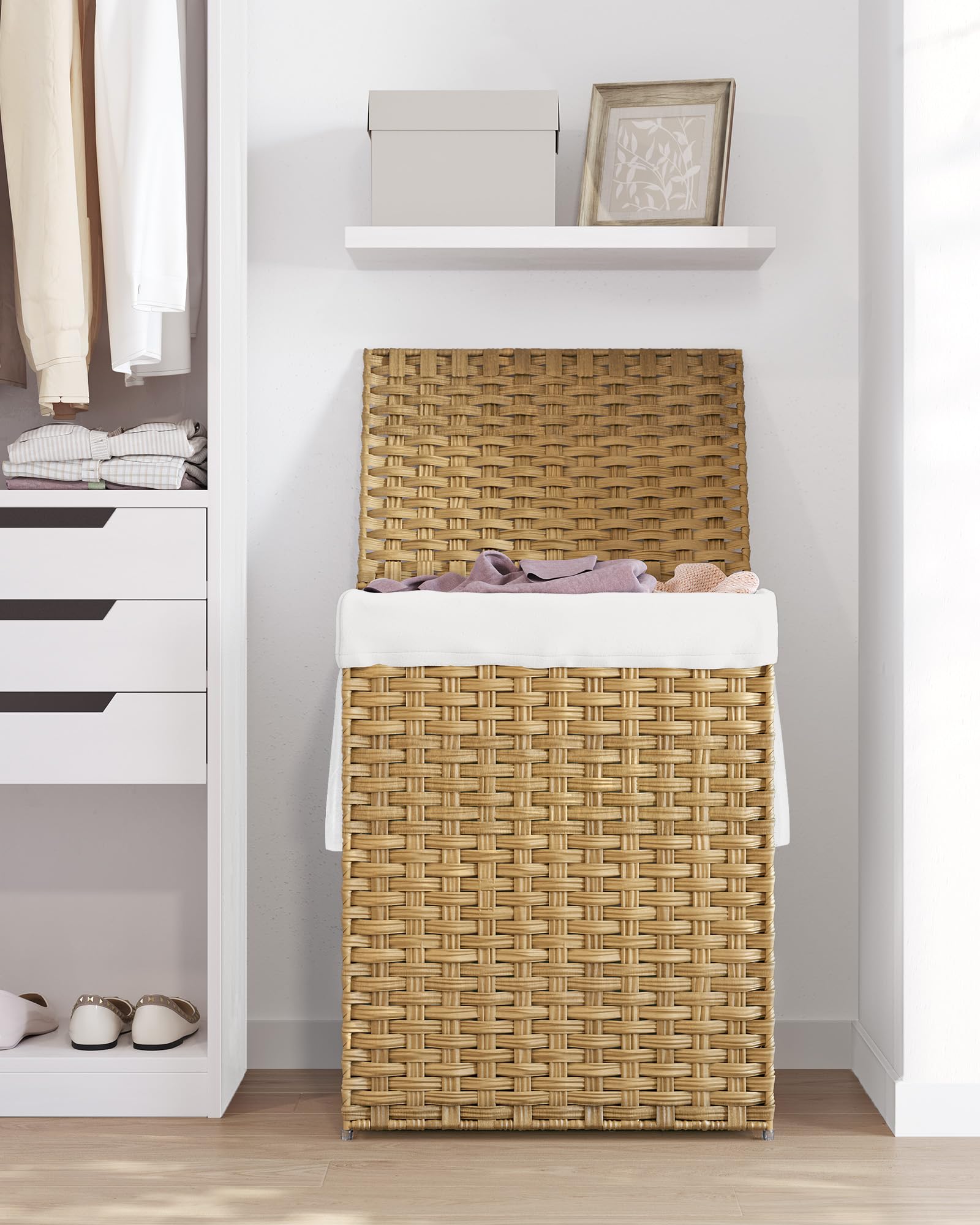 SONGMICS Laundry Hamper with Lid, 23.8 Gallon (90 L) Synthetic Rattan Clothes Laundry Basket with Lid and Handles, Foldable, Removable Liner, Natural ULCB051N01V1 🍁 All In One Marketplace Canada