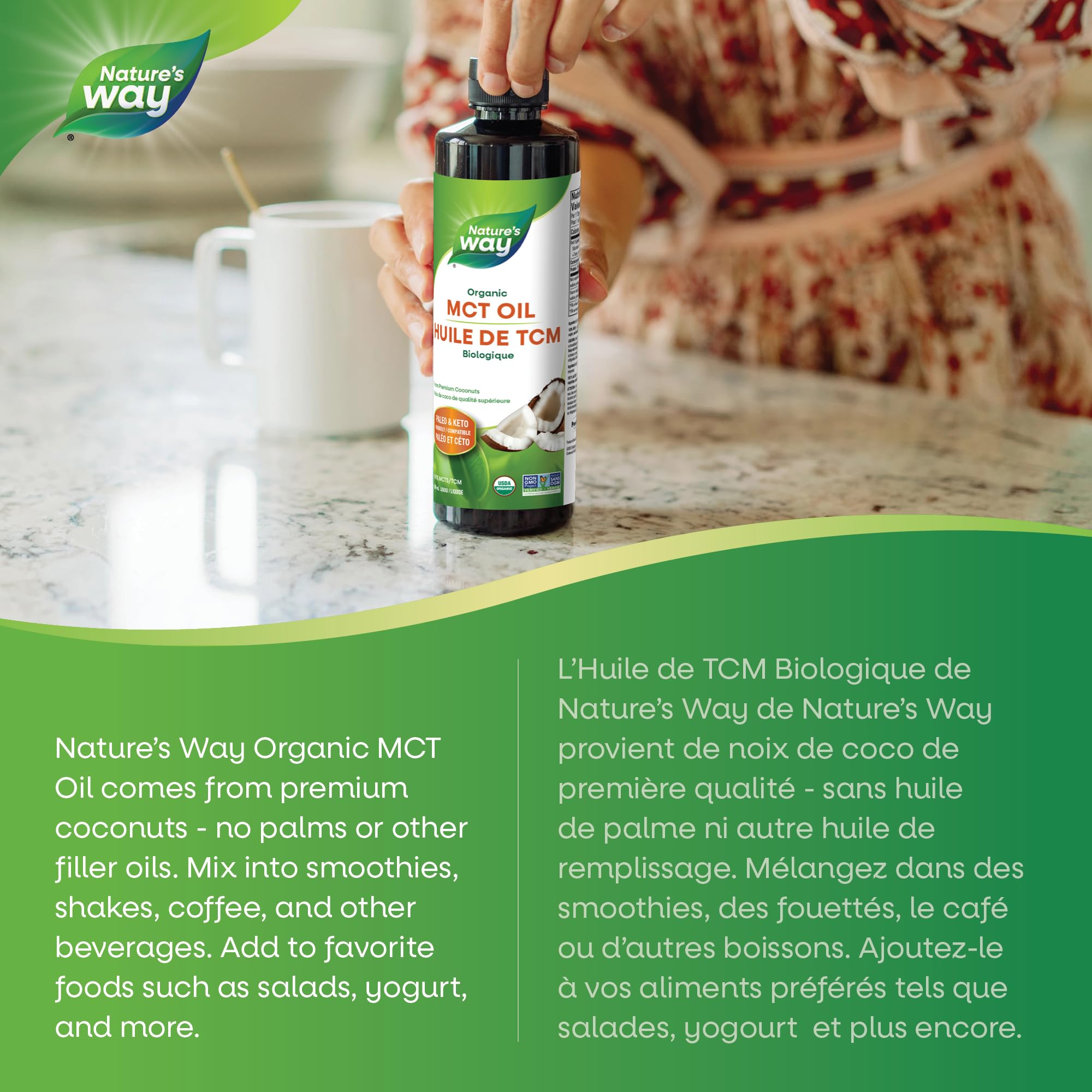 Nature's Way 100% Pure MCT Oil – Organic Coconut-Derived Medium Chain Triglycerides – No Palm or Filler Oils – Keto & Paleo Friendly – Non-GMO, Vegetarian, Gluten-Free, Flavourless – 480 mL 🍁 All In One Marketplace Canada