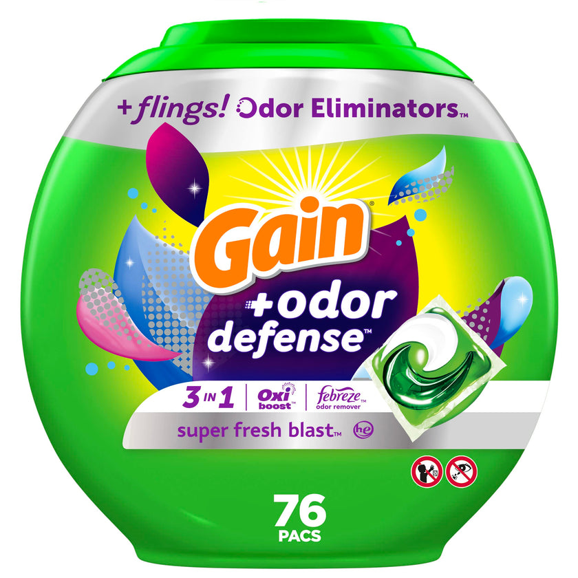Gain Flings Laundry Detergent Pacs Super Fresh Blast Scent with Odour Defense, 76 Count 🍁 All In One Marketplace Canada