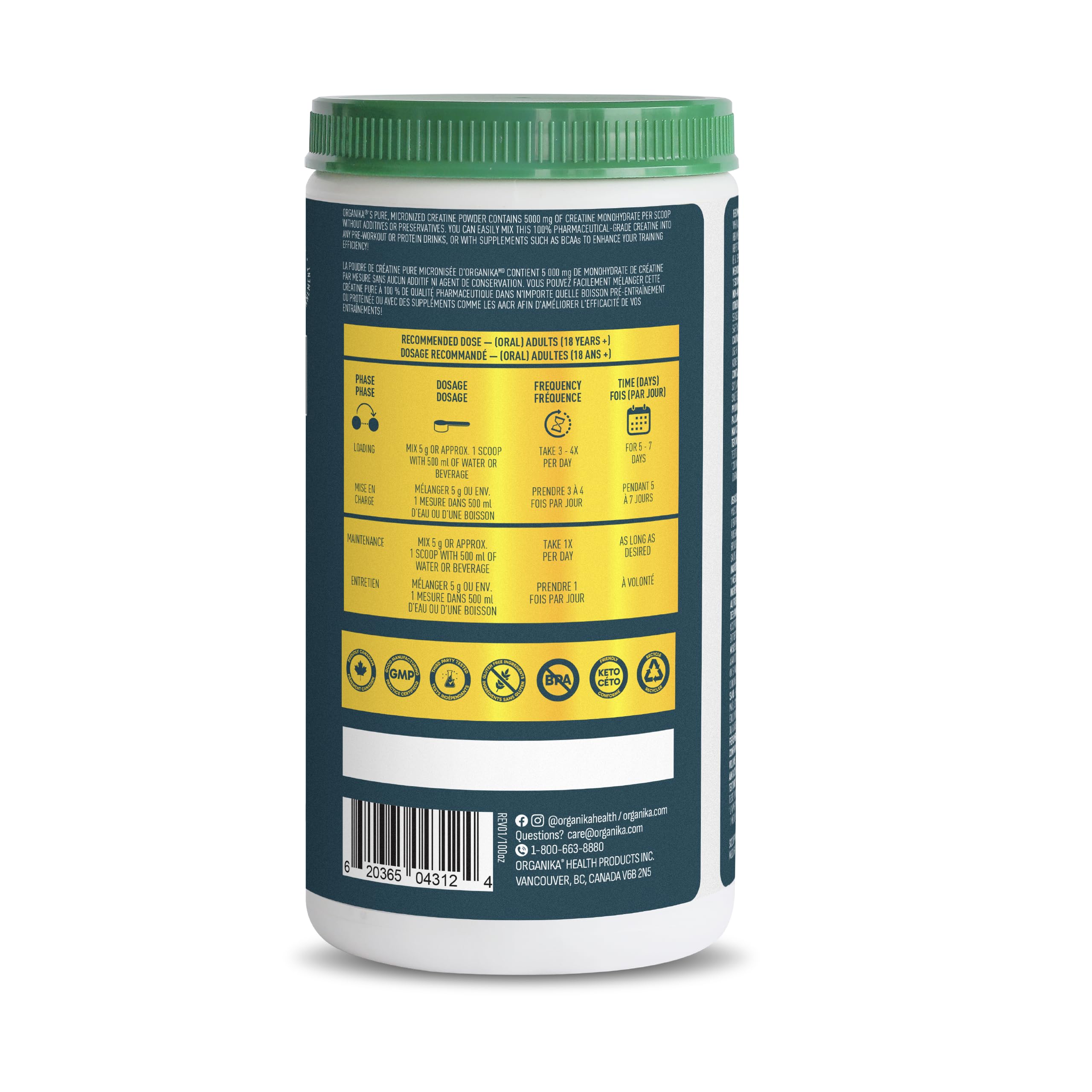 Organika Canadian-Made Creatine Powder - Pure Micronized Creatine Monohydrate - NSF Certified - Supports Strength, Muscle, Recovery and Performance for Men and Women - Unflavoured - 1KG, 200 servings 🍁 All In One Marketplace Canada