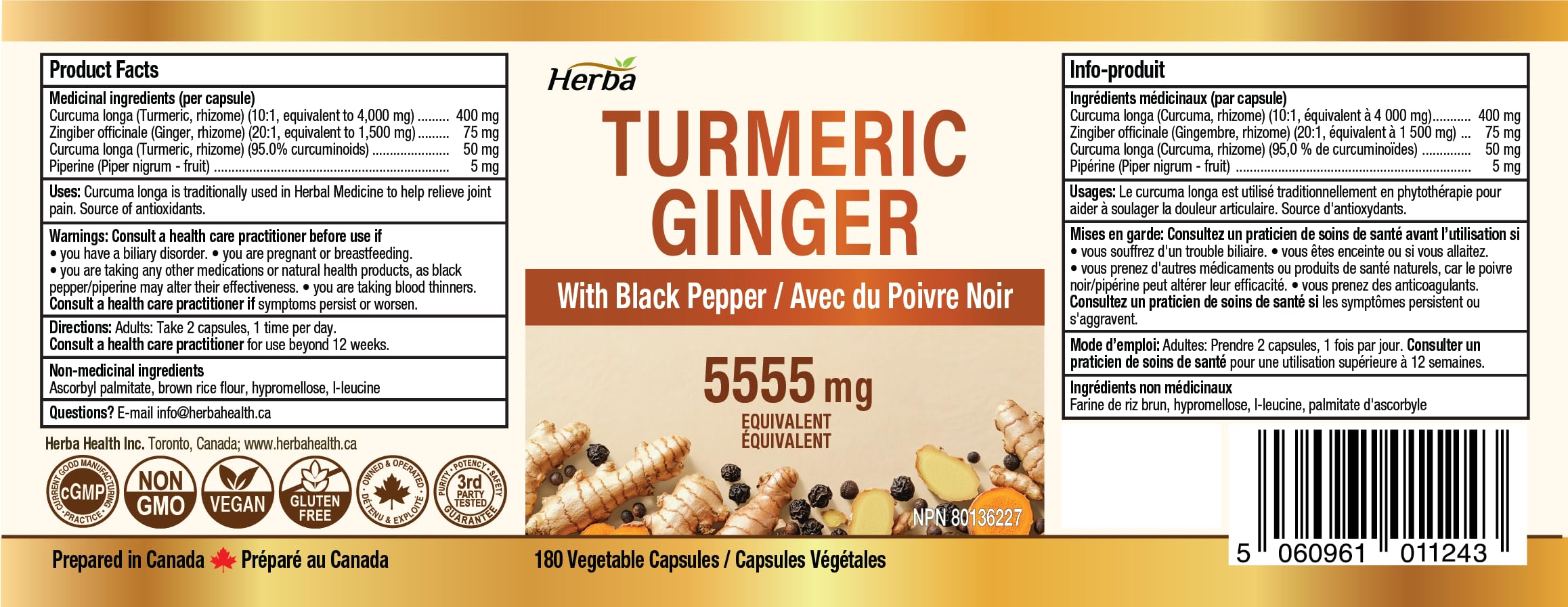 Herba Turmeric Supplements for Inflammation with Black Pepper and Ginger - 180 Capsules | 5,555mg Equiv. with 95% Turmeric Curcumin Supplements with Black Pepper | Joint Pain Relief | Made in Canada 🍁 All In One Marketplace Canada