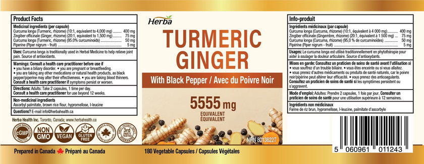 Herba Turmeric Supplements for Inflammation with Black Pepper and Ginger - 180 Capsules | 5,555mg Equiv. with 95% Turmeric Curcumin Supplements with Black Pepper | Joint Pain Relief | Made in Canada 🍁 All In One Marketplace Canada