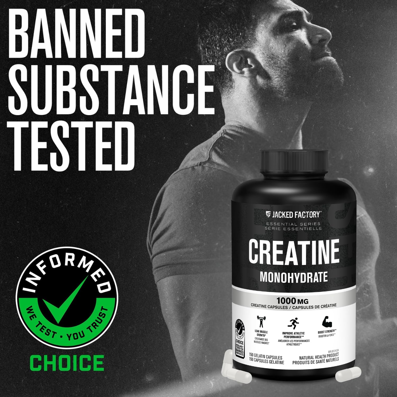 Jacked Factory Creatine Monohydrate Capsules - Canadian-Owned Supplement for Muscle Growth, Increased Strength, Enhanced Energy Output, and Improved Athletic Performance - 150 Pills 🍁 All In One Marketplace Canada