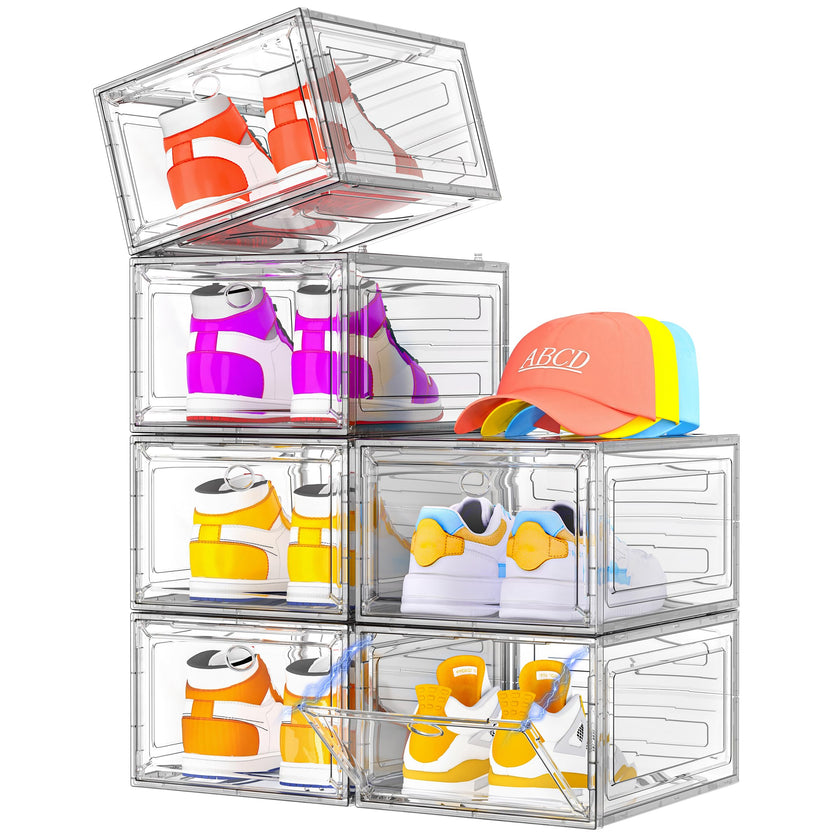 Thicken & Sturdy Clear Shoe Storage Organizer with Magnetic Door, Stackable Boxes for Closet, Foldable Space-Saving Shoe Rack for Sneaker Boot Container, Plastic Shoe Cabinet Shoe Box 6 Pack, White 🍁 All In One Marketplace Canada
